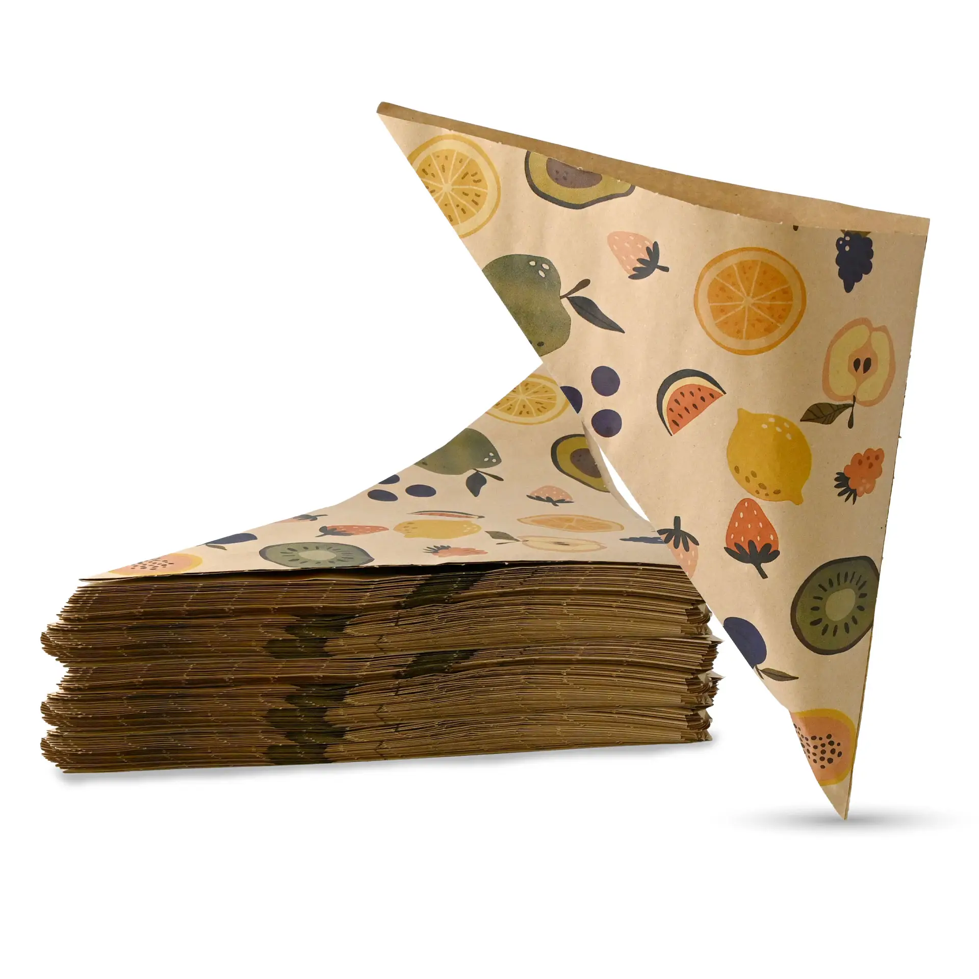 Cônes en papier marron avec un motif de fruits empilés, idéaux pour le branding aux stands de fruits et légumes.