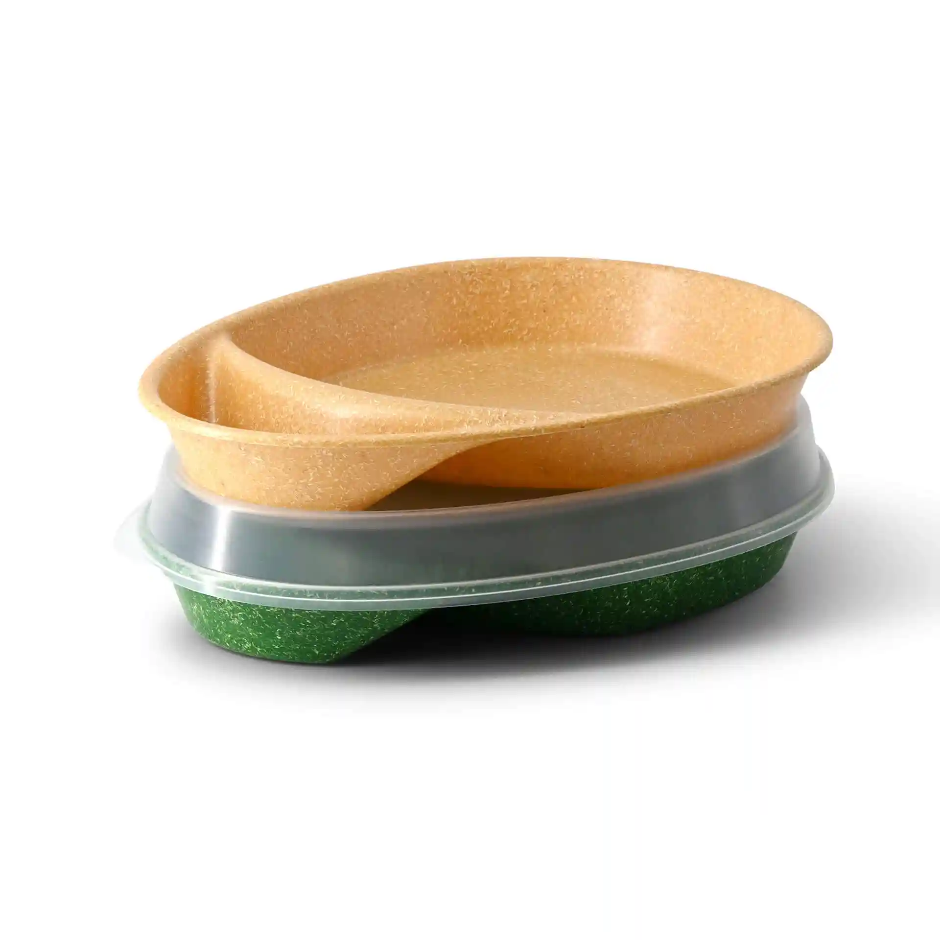 Assiette divisée réutilisable avec deux compartiments, couleur caramel, dimensions 27,5 × 20 × 3,5 cm.
