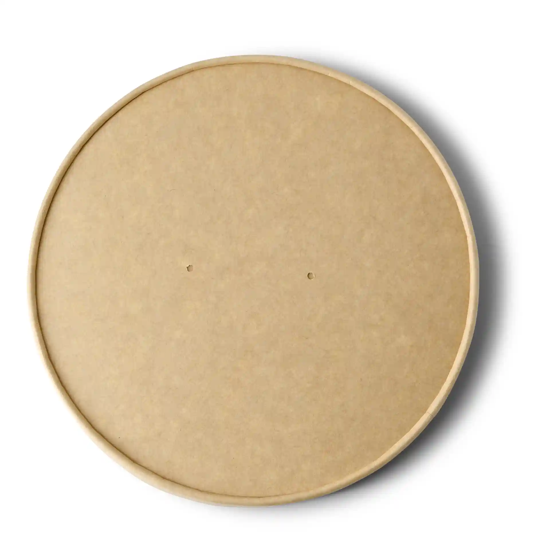 Couvercle rond en carton brun d'un diamètre de 185 mm avec deux petits trous à la surface.