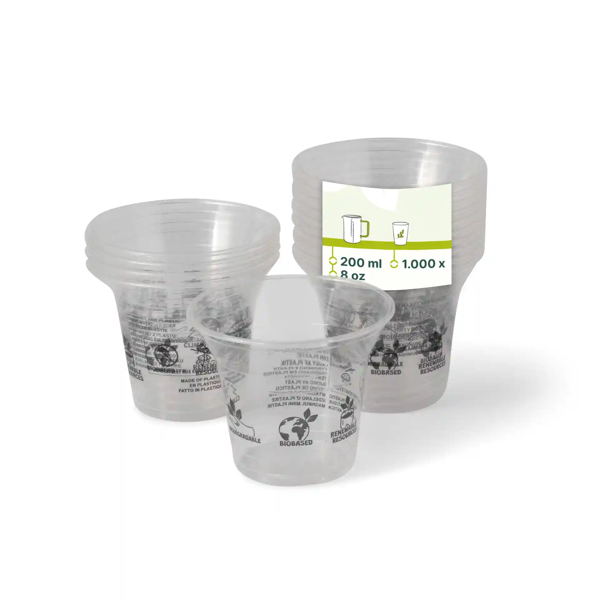 Gobelets à smoothie en PLA transparent empilés, avec un gobelet devant montrant une étiquette avec le volume et les dimensions.