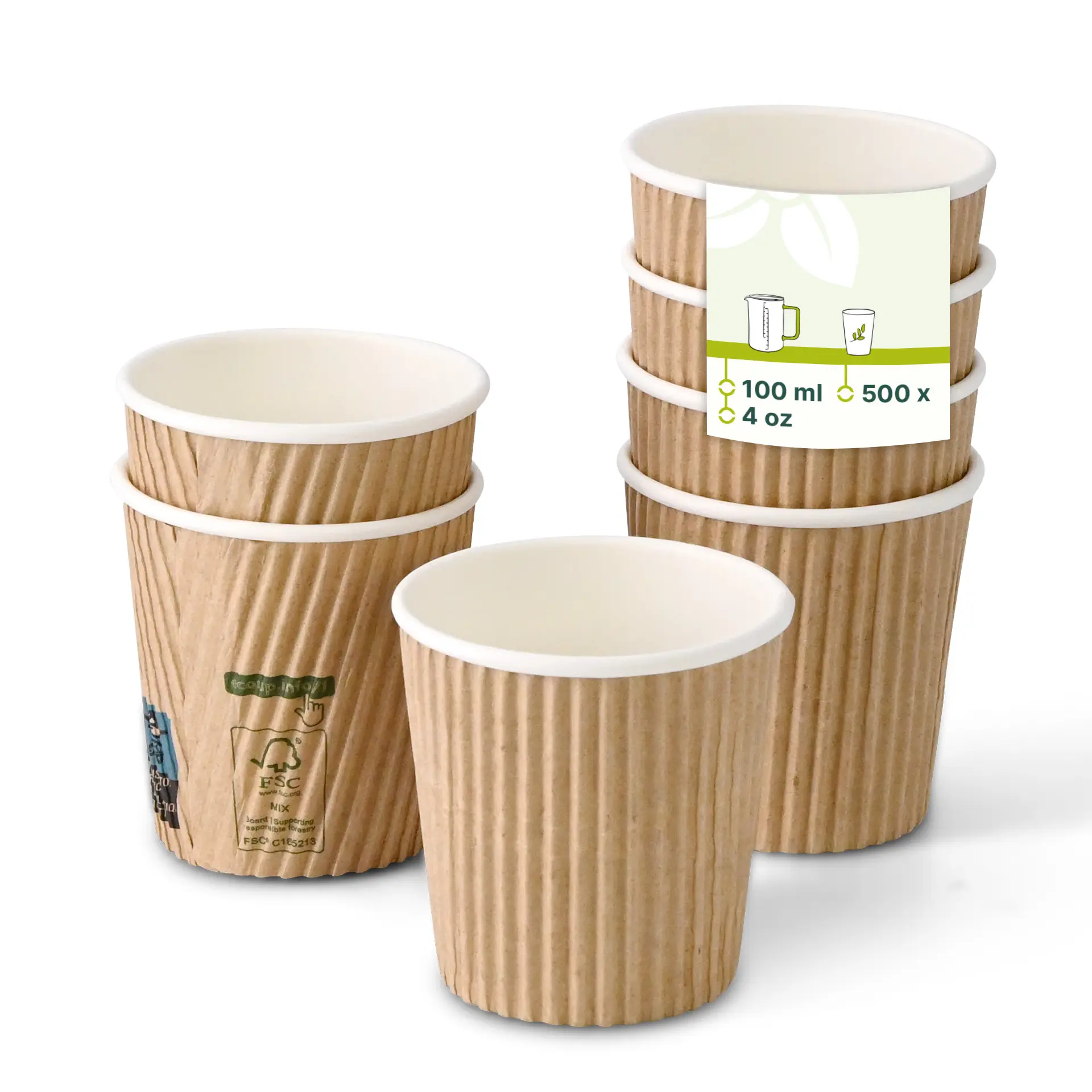Une tasse à café marron à rainures (120 ml) avec un intérieur blanc ; plusieurs tasses similaires empilées derrière avec une étiquette produit visible.