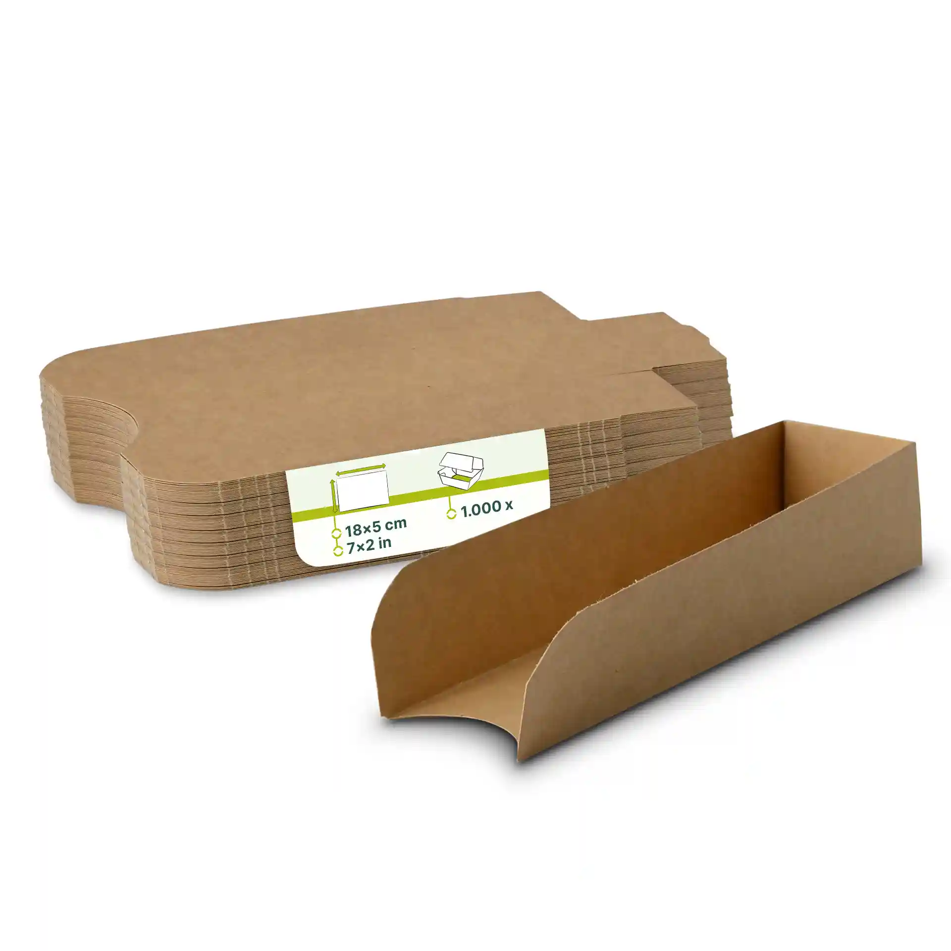 Plateaux à hot-dog en carton kraft marron, pliables, forme rectangulaire, dimensions 18 x 5 cm, plusieurs empilés derrière.