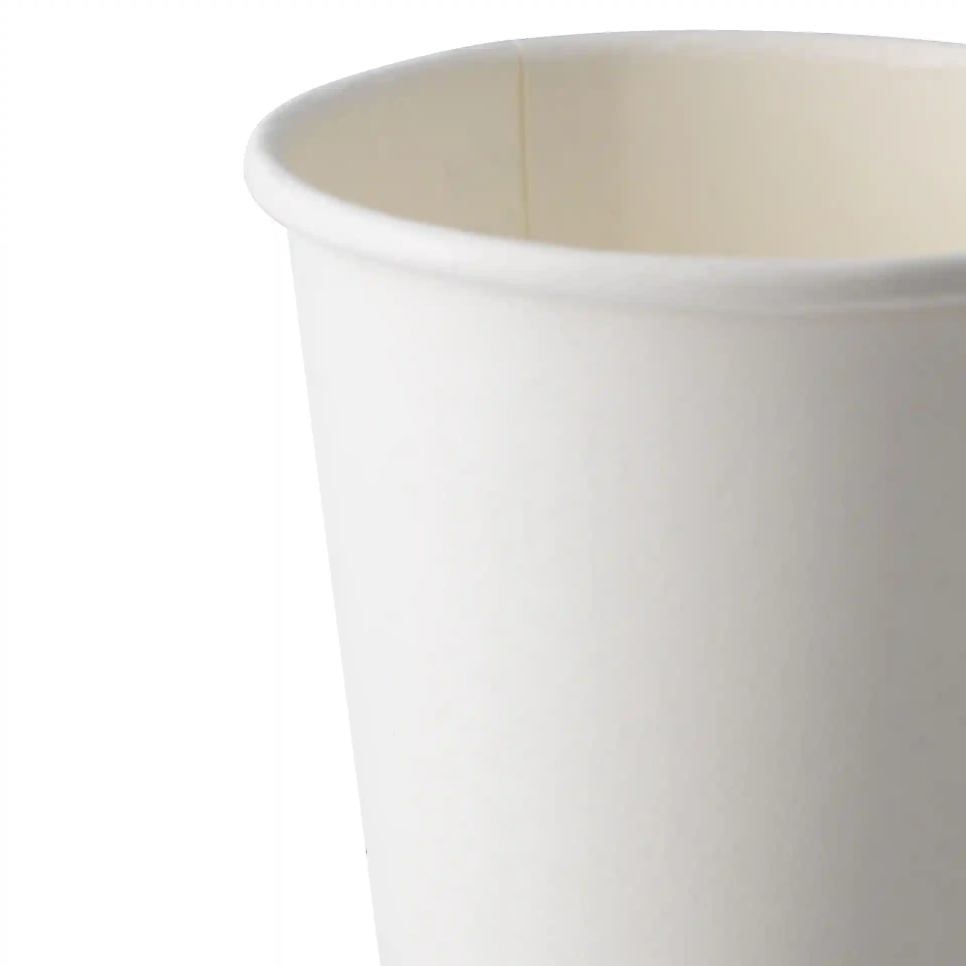 Gobelet blanc d'un diamètre de 80 mm et d'une hauteur de 90 mm, montrant une paroi simple et un revêtement en PLA.