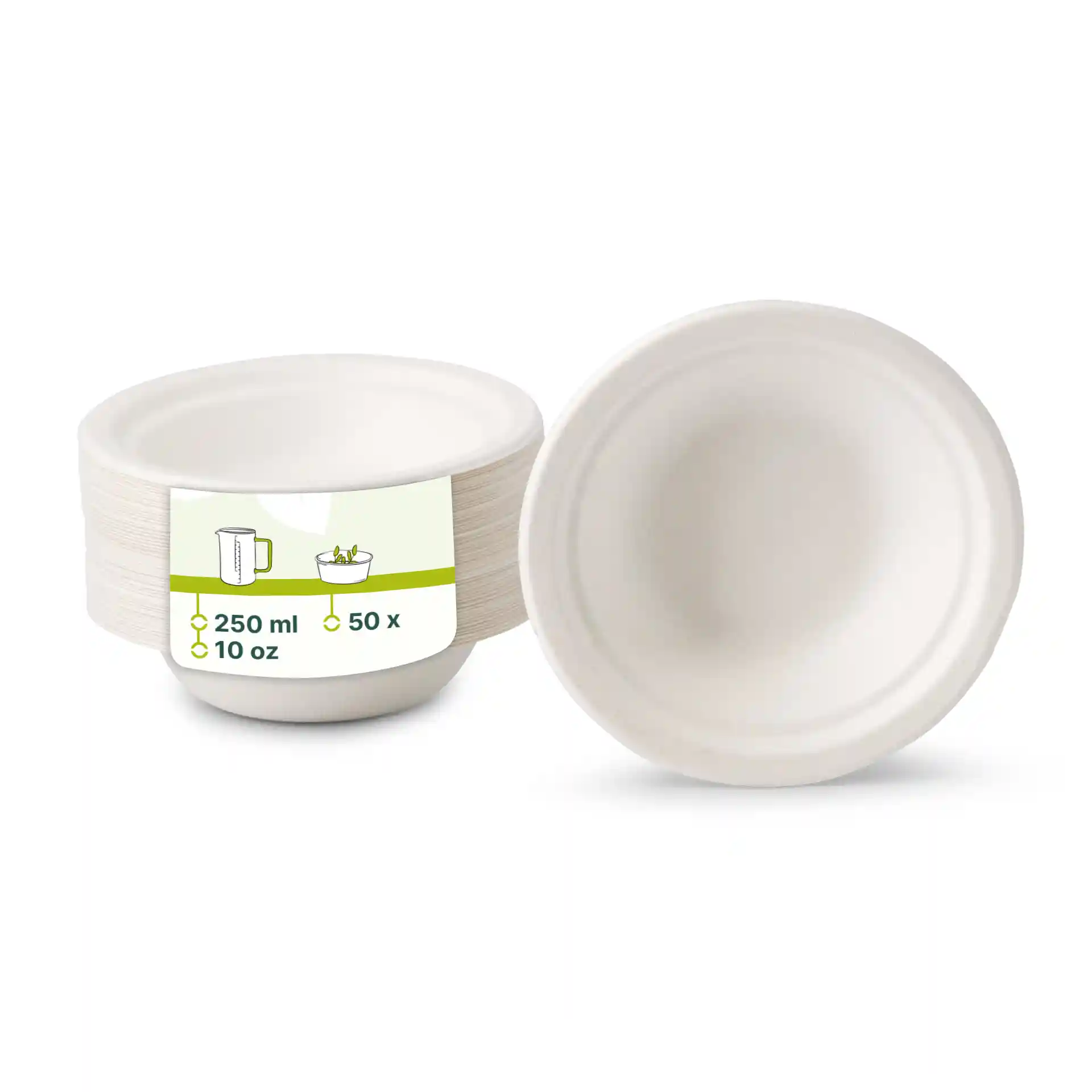 Empilement de bols en canne à sucre blancs, forme ronde, capacité de 250 ml, avec un bol tourné pour montrer l'intérieur.