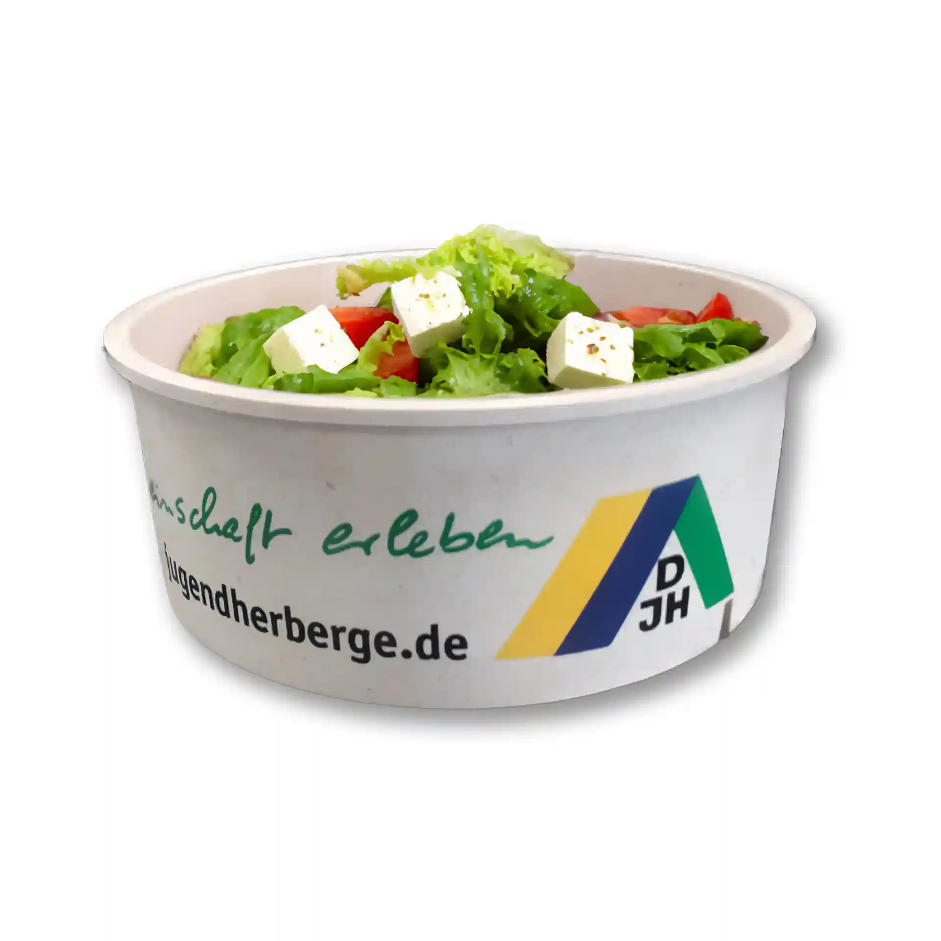 Bol rond réutilisable rempli de salade, avec de la laitue, des tomates et du fromage feta, avec un design imprimé sur le côté.