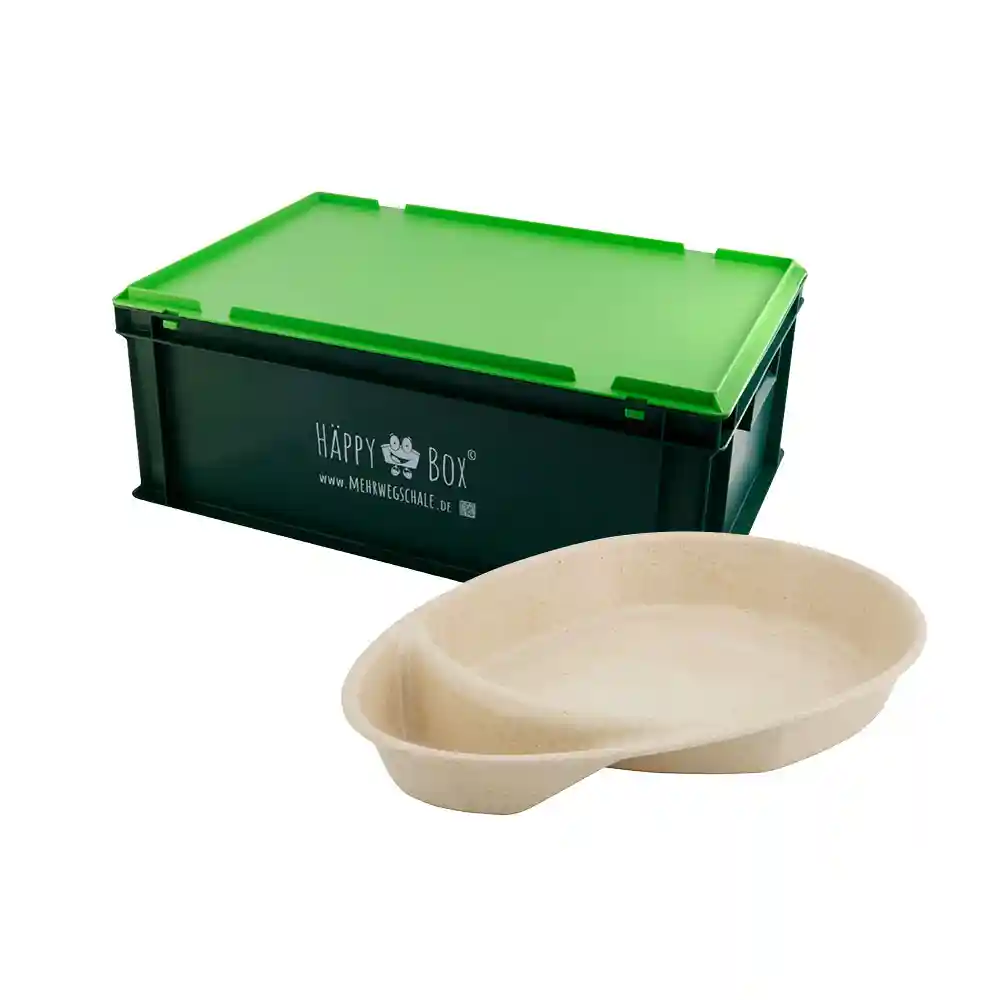 Boîte de rangement avec un couvercle vert à côté d'un plat de service beige à deux compartiments.