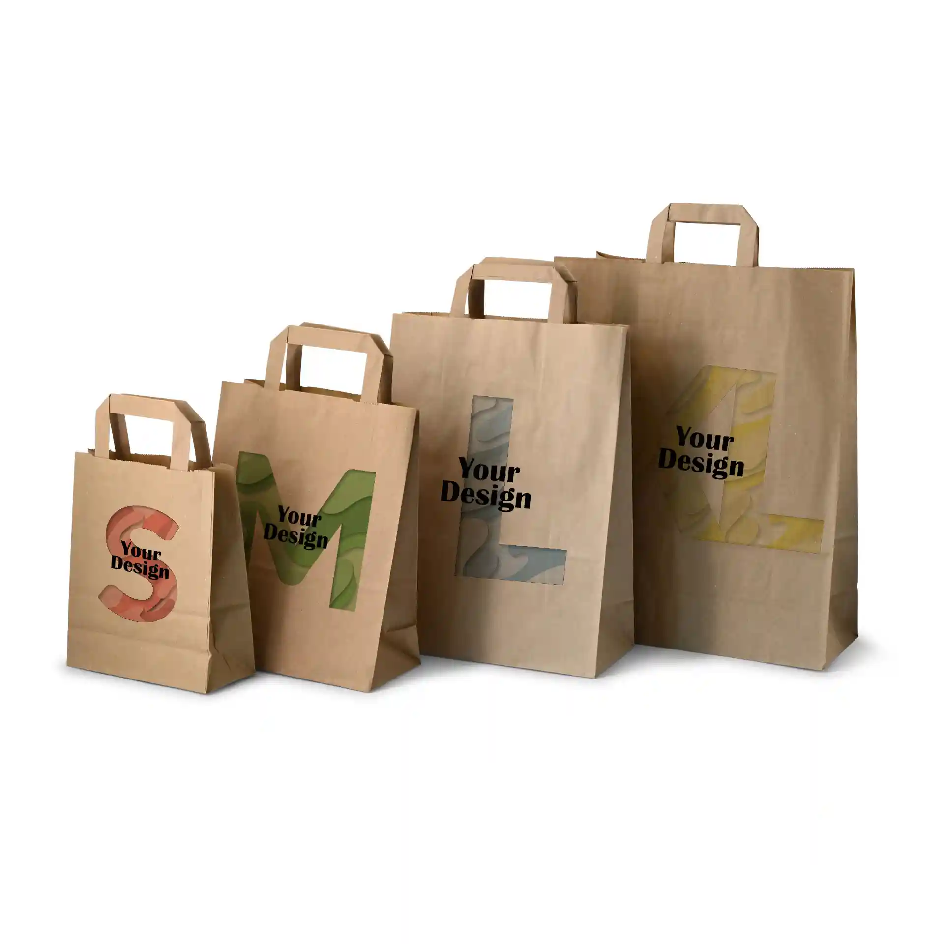 Image de quatre sacs en papier brun de tailles variées, étiquetés S, M, L et XL, avec une zone de design sur chaque sac.