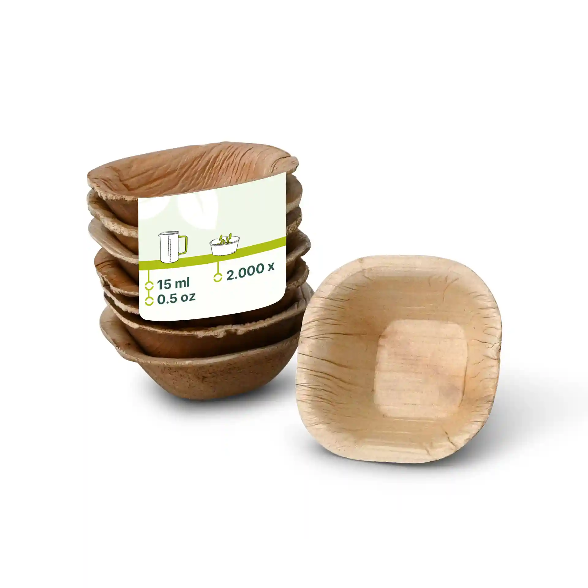 Bol carré en feuille de palmier de couleur bois, capacité de 15 ml, empilé avec un bol devant.