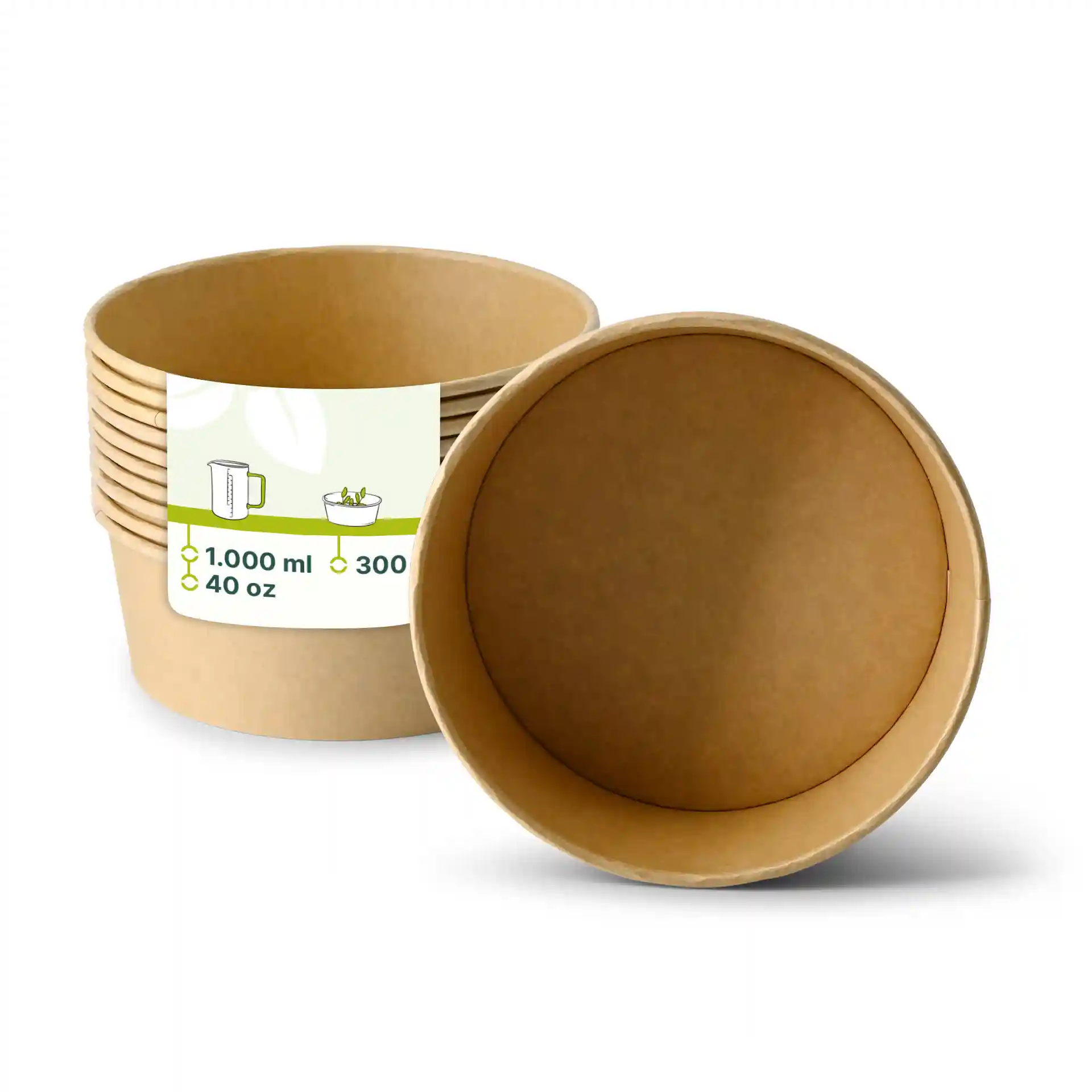 Bol en carton brun avec revêtement écologique, forme ronde, capacité de 1000 ml, présenté avec plusieurs empilés et un ouvert.