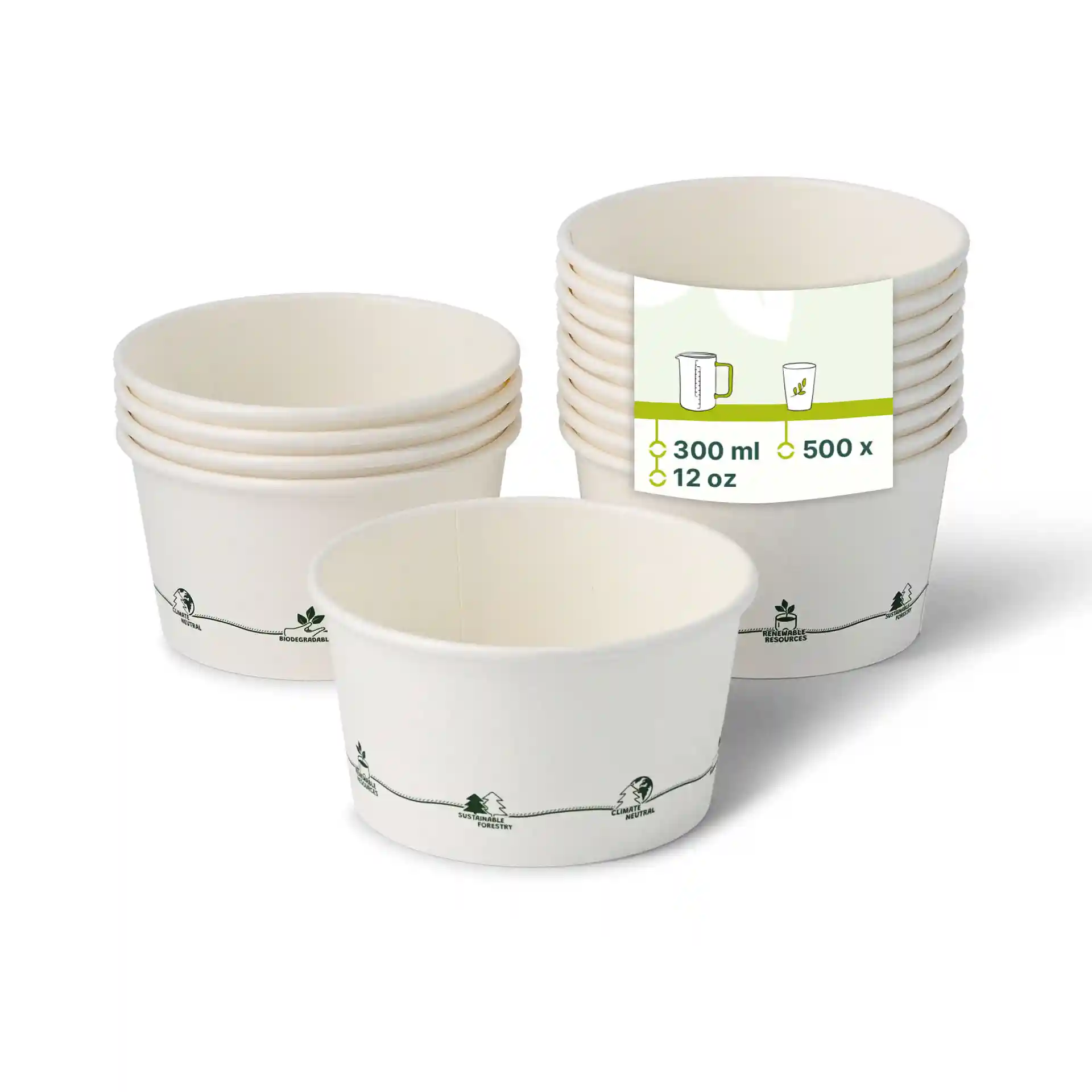 Conteneur rond en carton pour soupe avec revêtement écologique, capacité de 300 ml, avec design imprimé et plusieurs conteneurs empilés.