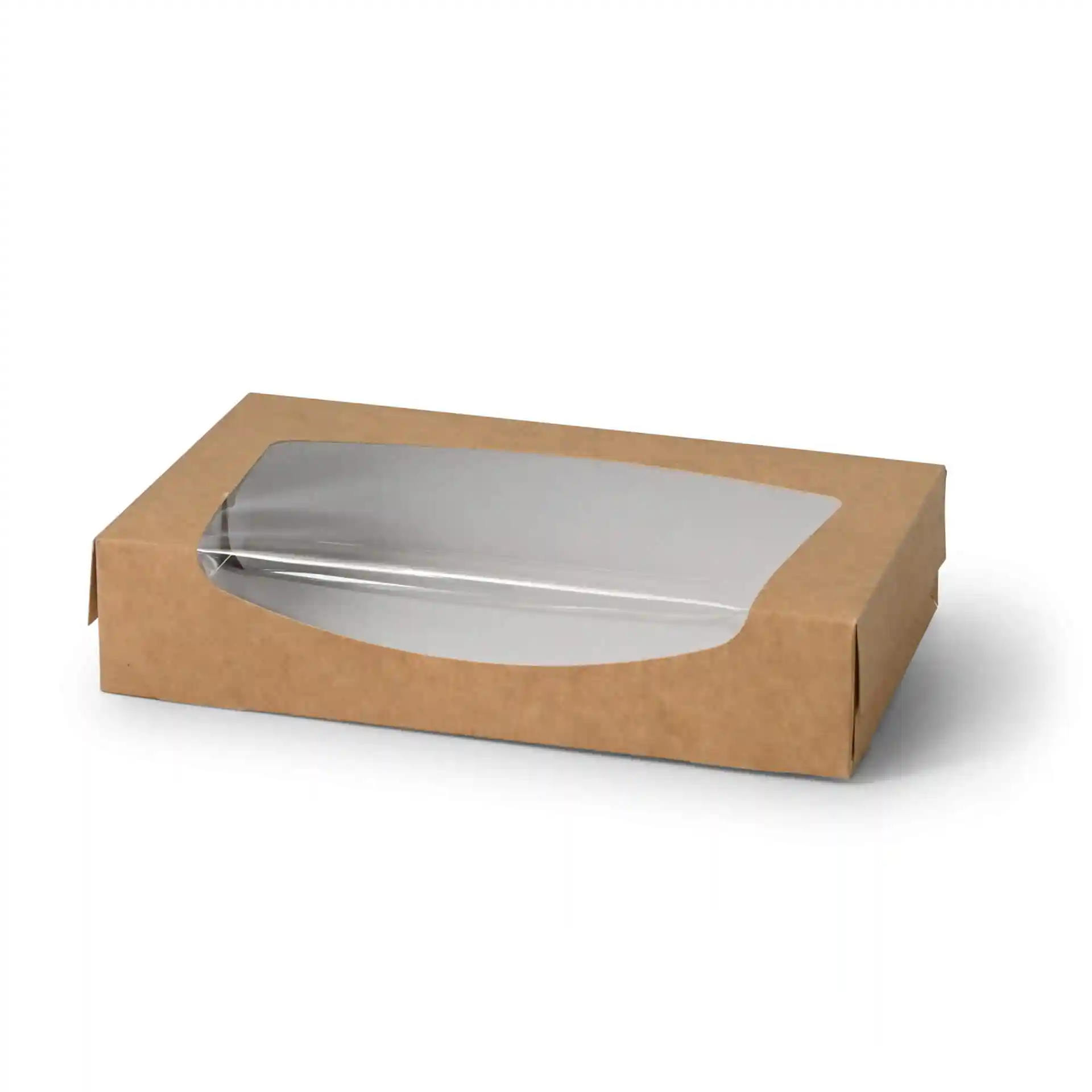 Boîte en carton marron avec un couvercle en plastique transparent, mesurant 20 x 12 x 4 cm.