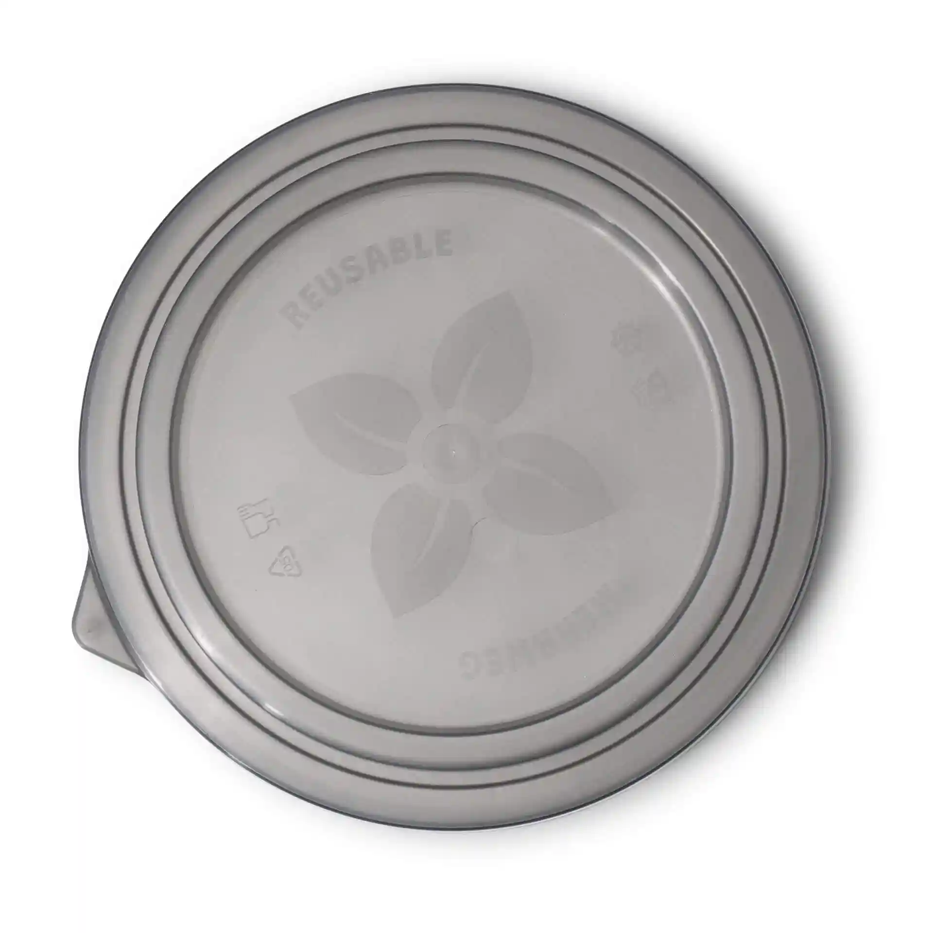 Couvercle rond gris réutilisable en polypropylène, d'un diamètre de 185 mm et d'une hauteur de 16 mm.