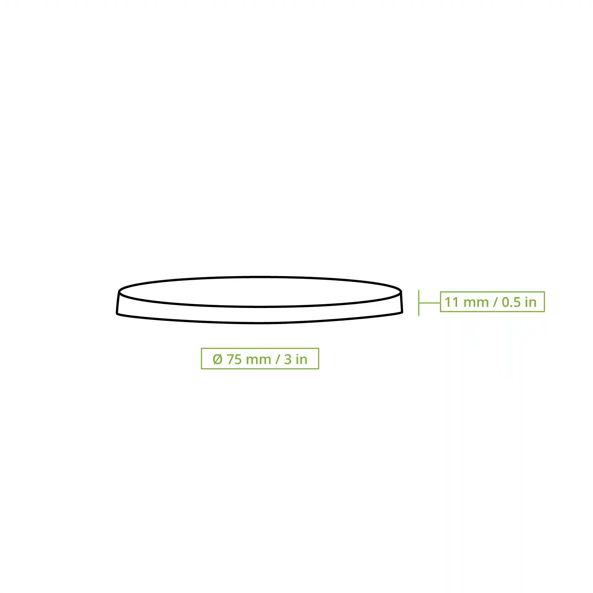Dessin schématique d'un couvercle rond transparent avec un diamètre de 75 mm et une hauteur de 11 mm.