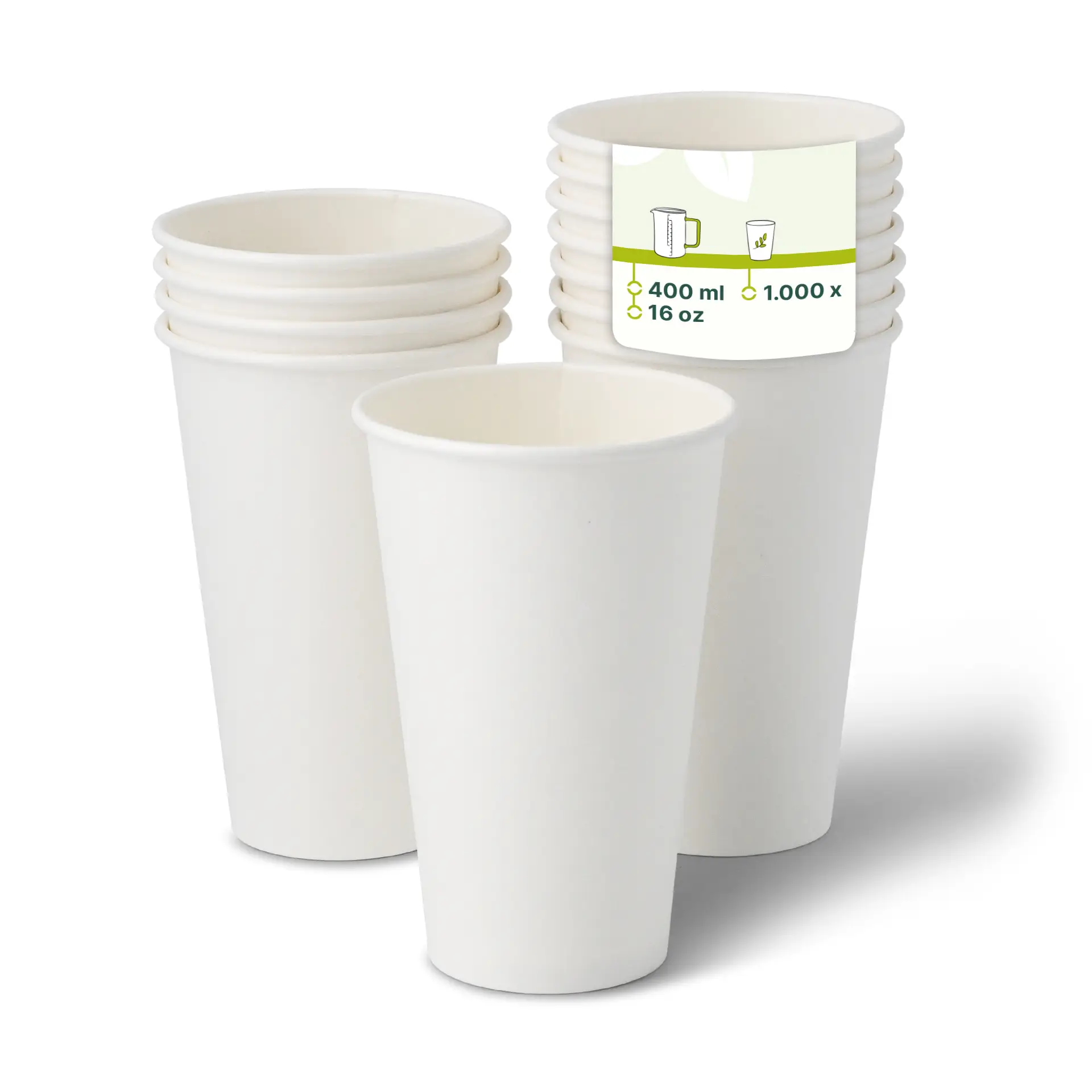 Un gobelet en papier blanc (16 oz) au premier plan, avec des gobelets empilés derrière ; l'étiquette affiche les spécifications et les détails de conception du gobelet.