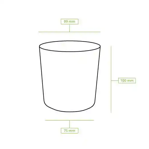 Dessin schématique d'un gobelet rond avec des dimensions : 99 mm de diamètre en haut, 75 mm de diamètre en bas et 100 mm de hauteur.
