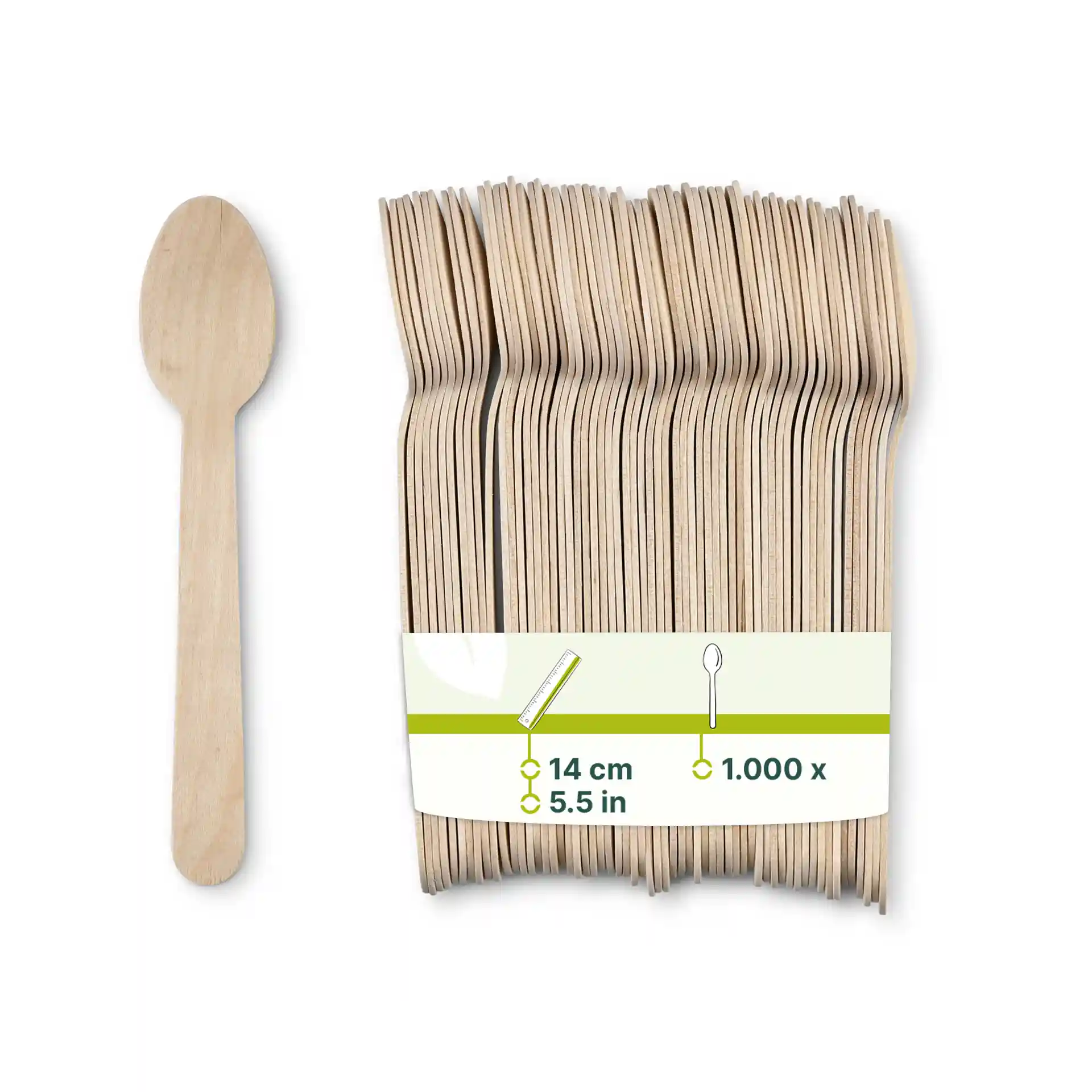Cuillères en bois dans un paquet, chacune de 14 cm de long, de couleur marron et en bois, présentées avec une cuillère à côté.