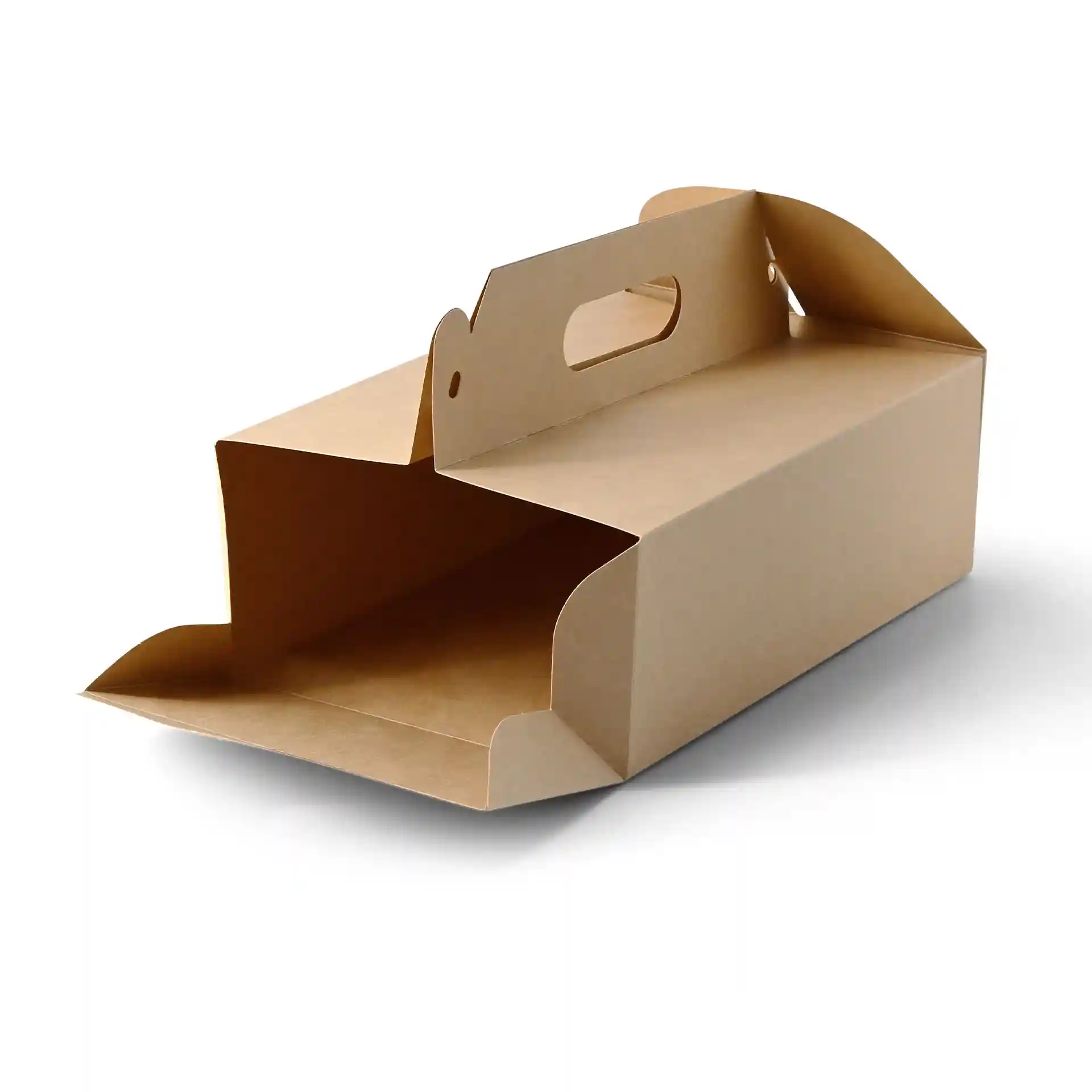Boîte à pâtisserie en carton brun avec poignée, forme rectangulaire, dimensions 26 x 17 x 9 cm, design pliable.