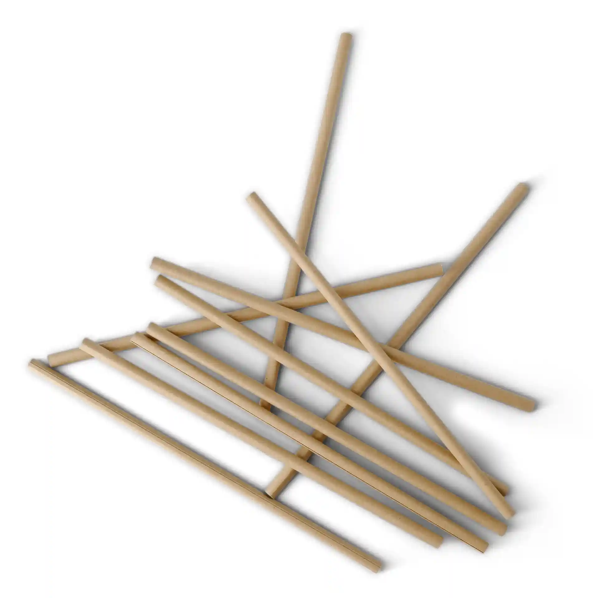 Pailles en papier marron, longues de 20 cm et larges de 0,6 cm, disposées de manière éparpillée sur un fond blanc.
