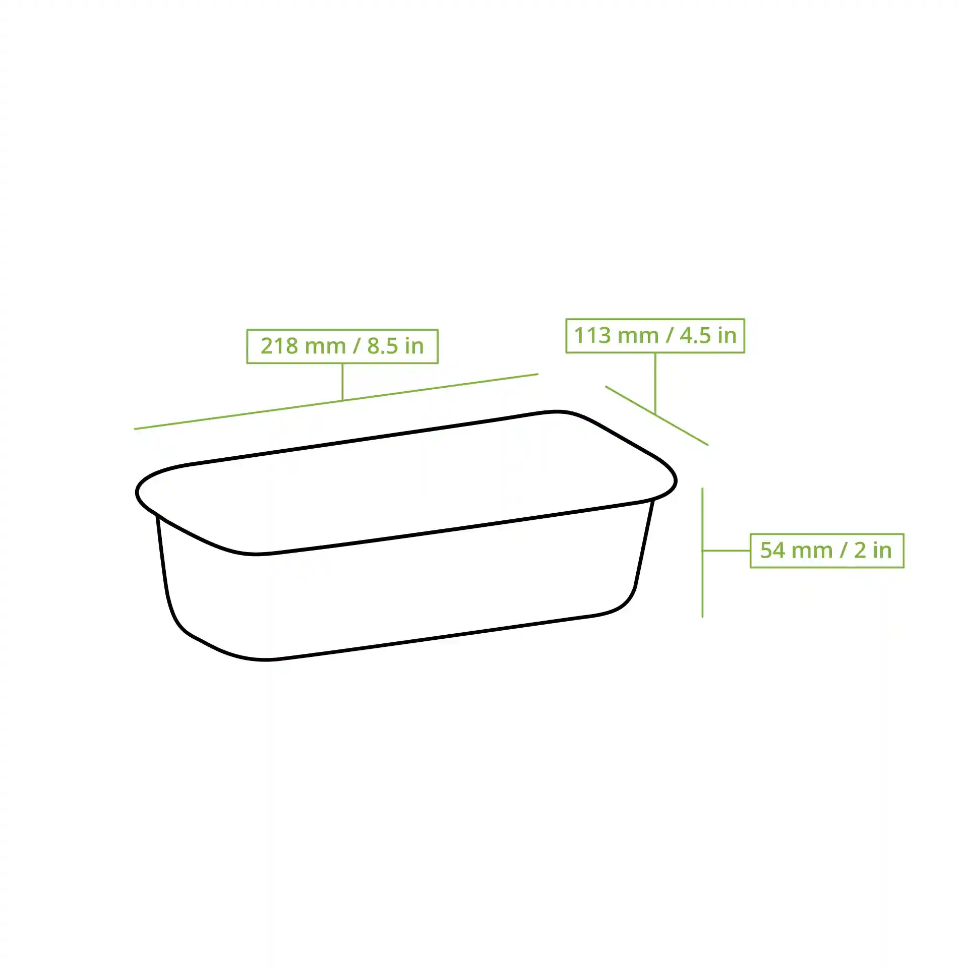 Dessin schématique d'un conteneur en aluminium rectangulaire avec dimensions étiquetées : 218 mm de long, 113 mm de large, 54 mm de haut.