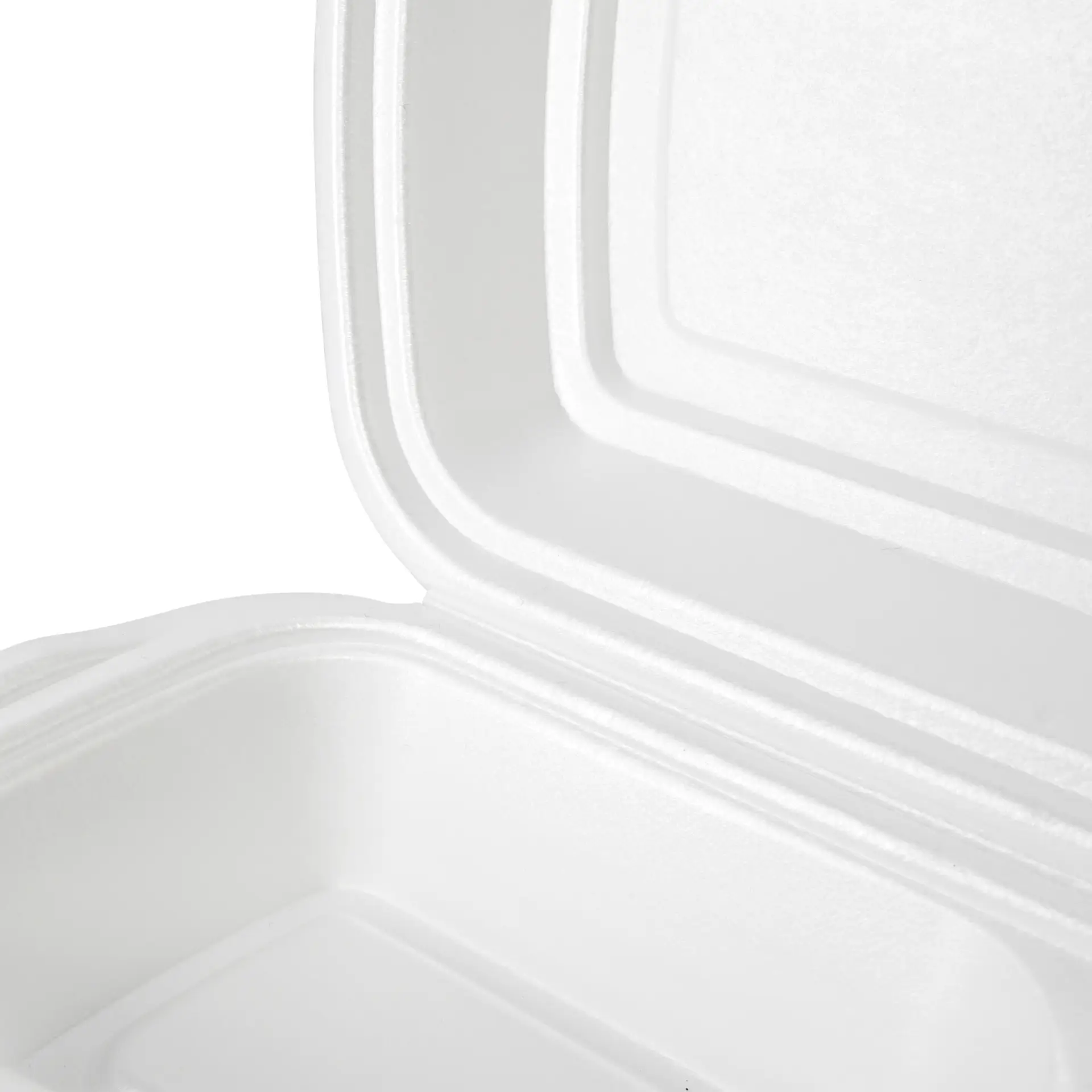 Contenant alimentaire en mousse blanche avec couvercle charnière, montrant l'intérieur et les bords extérieurs.