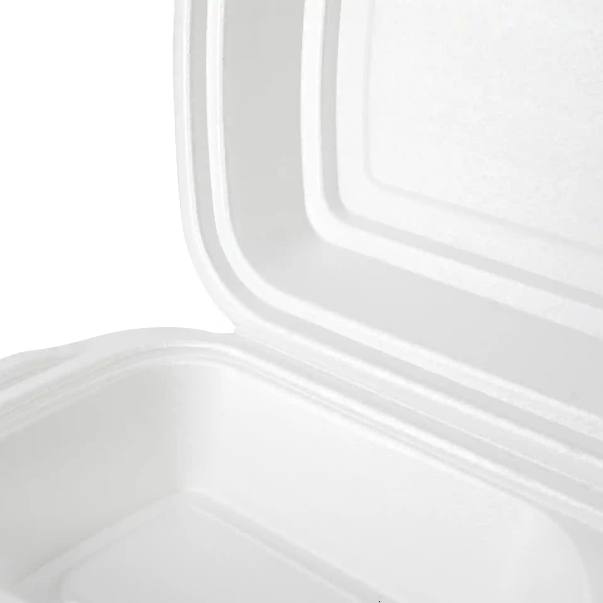 Boîte de menu rectangulaire blanche en mousse avec trois compartiments, partiellement ouverte, montrant les détails intérieurs.