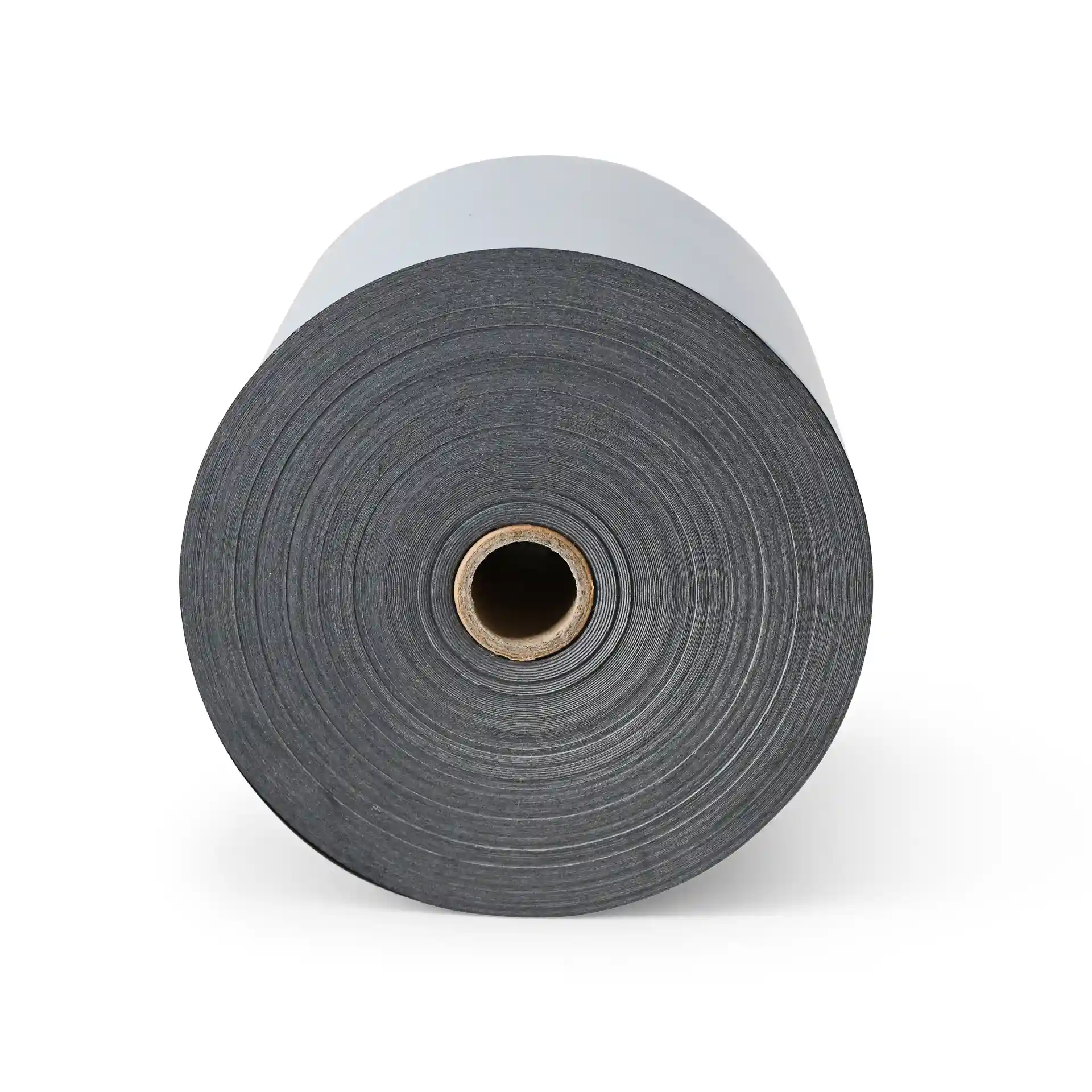 Rouleau de papier thermique gris pour caisses enregistreuses, 80 mm de large et 80 m de long, avec un noyau en carton central.