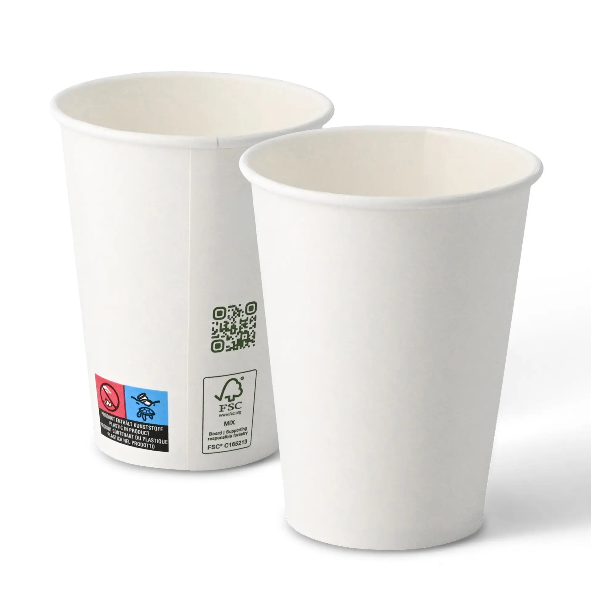 Gobelets blancs, capacité de 300 ml, simple paroi, d'un diamètre de 90 mm, montrés sous différents angles.