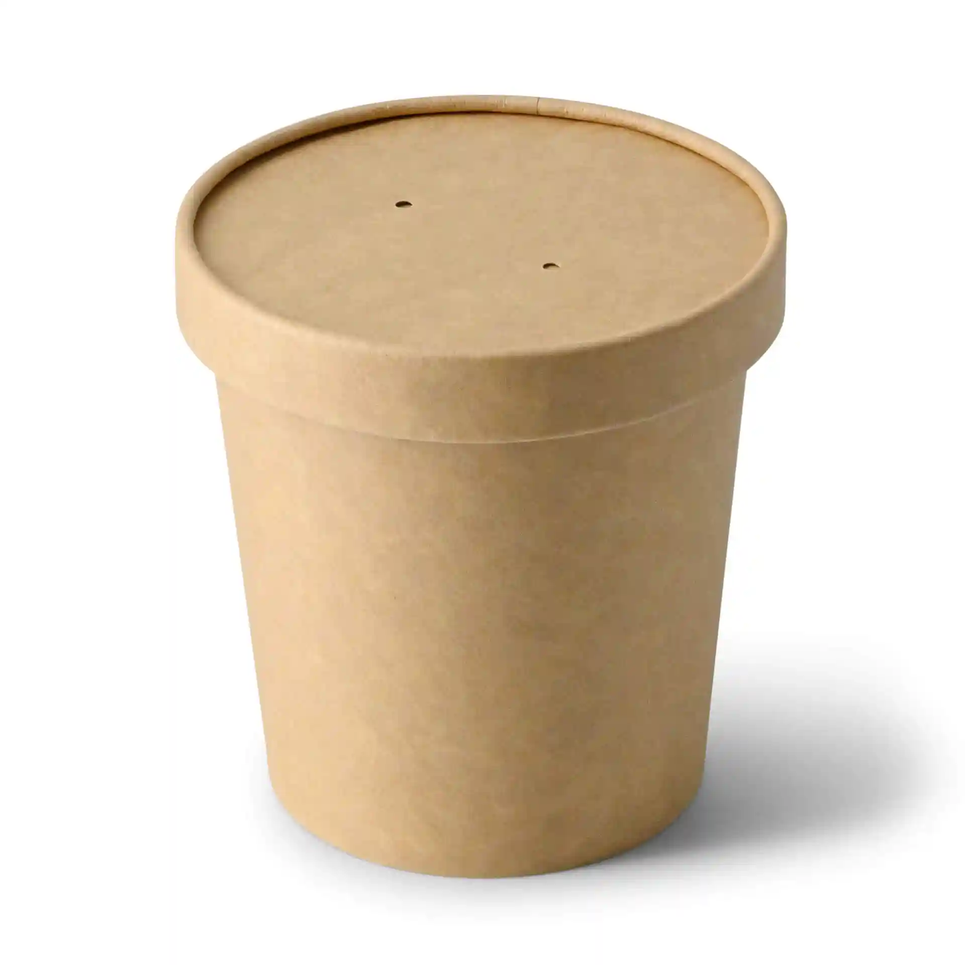 Contenant à soupe en carton brun de forme ronde avec un couvercle comportant deux petits trous.