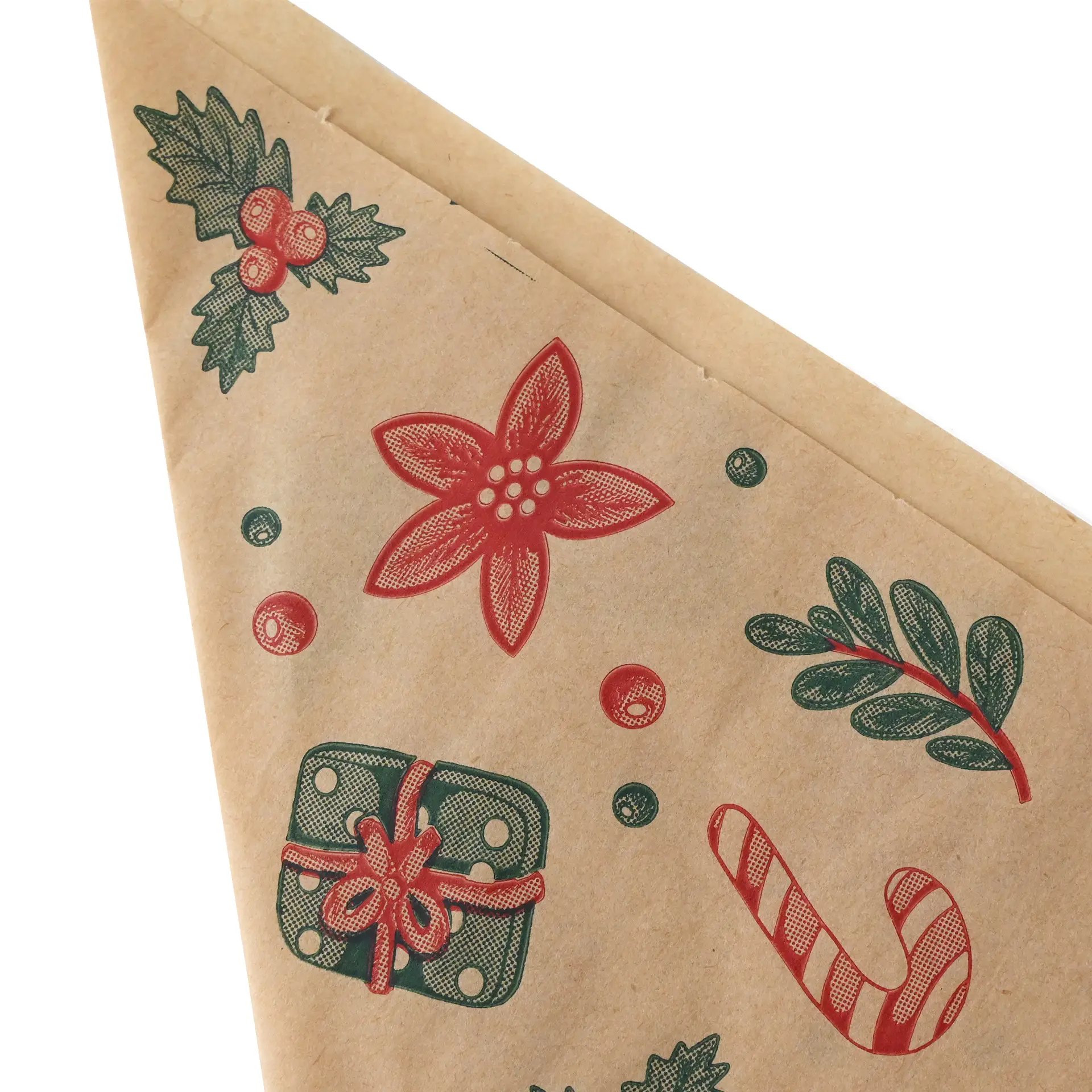 Sac en papier brun avec un design d'hiver, featuring des fleurs rouges, des feuilles vertes et des cannes en sucre.