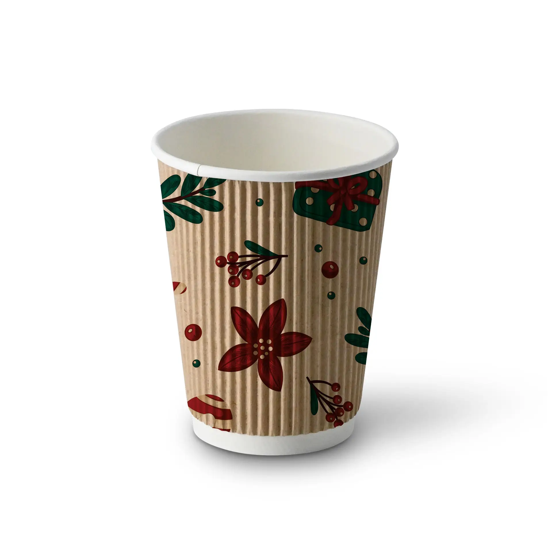 Gobelet ondulé marron avec design d'hiver, fleurs et feuilles, capacité de 300 ml, diamètre de 90 mm.