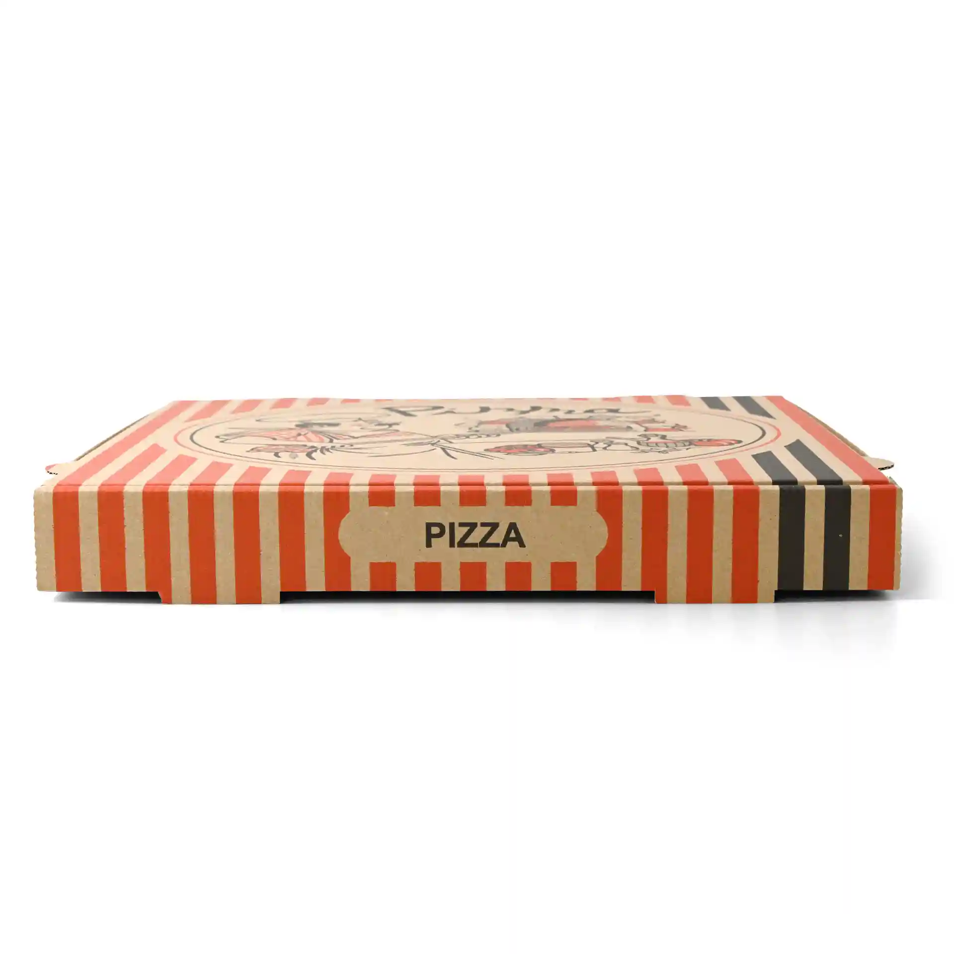 Boîte à pizza en carton avec des rayures rouges et blanches, présentant un design de chef de pizza et le mot "PIZZA" sur le côté.