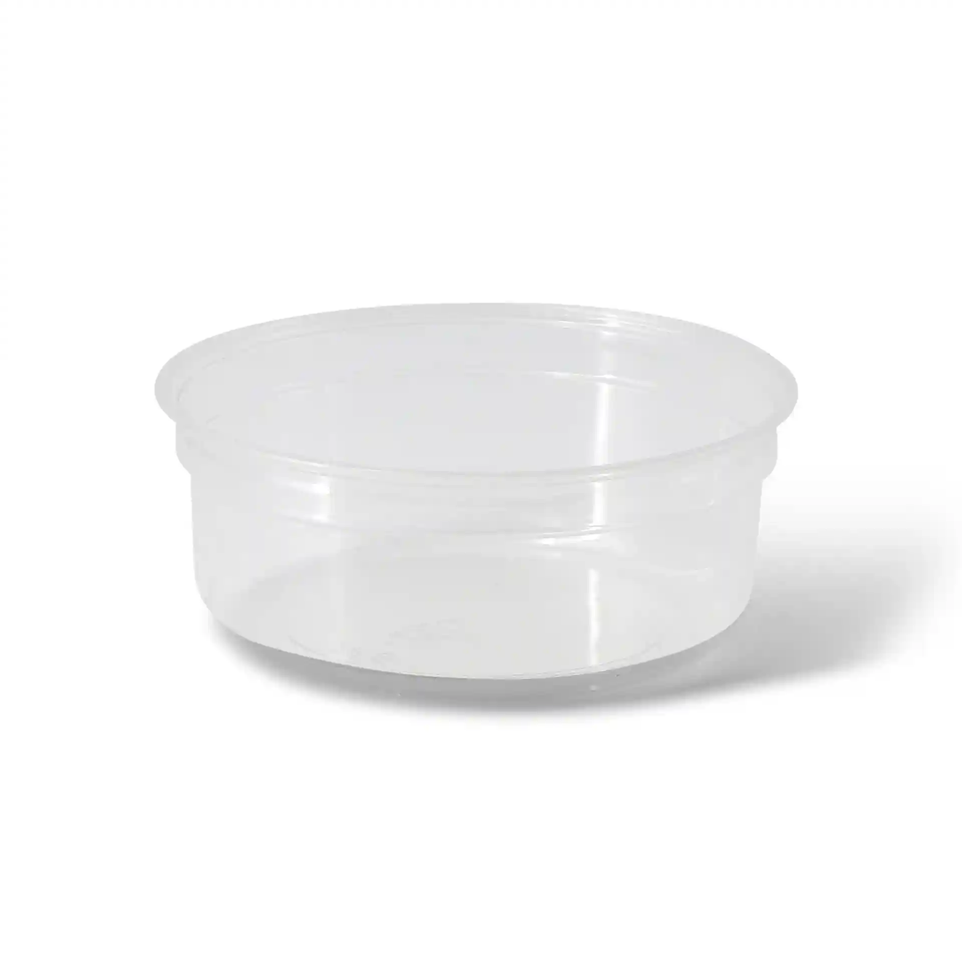 Conteneur rond transparent de 250 ml de capacité et de 117 mm de diamètre.