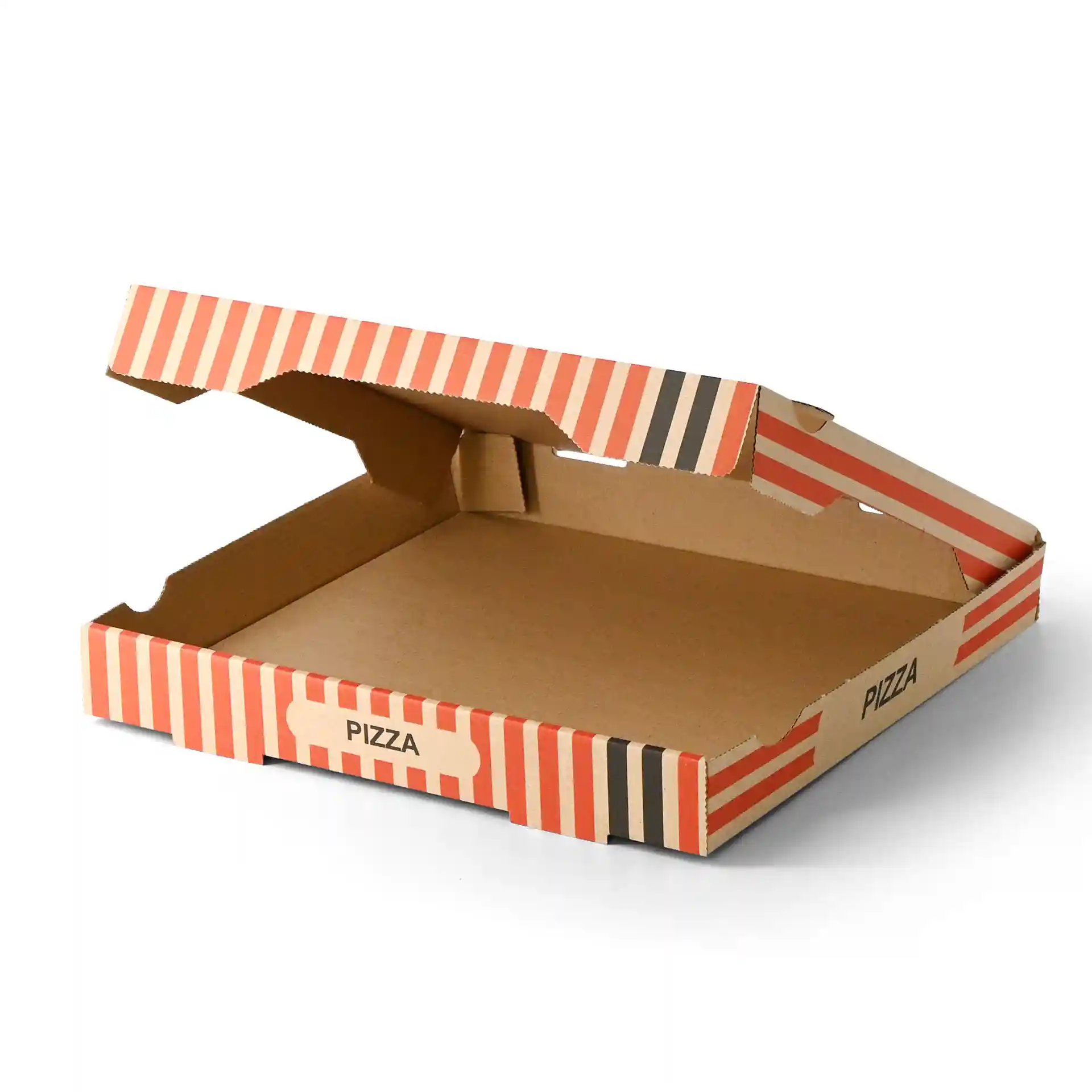 Boîte à pizza en carton avec un extérieur brun et un design à rayures rouges, mesurant 30 x 30 cm et 4 cm de haut.