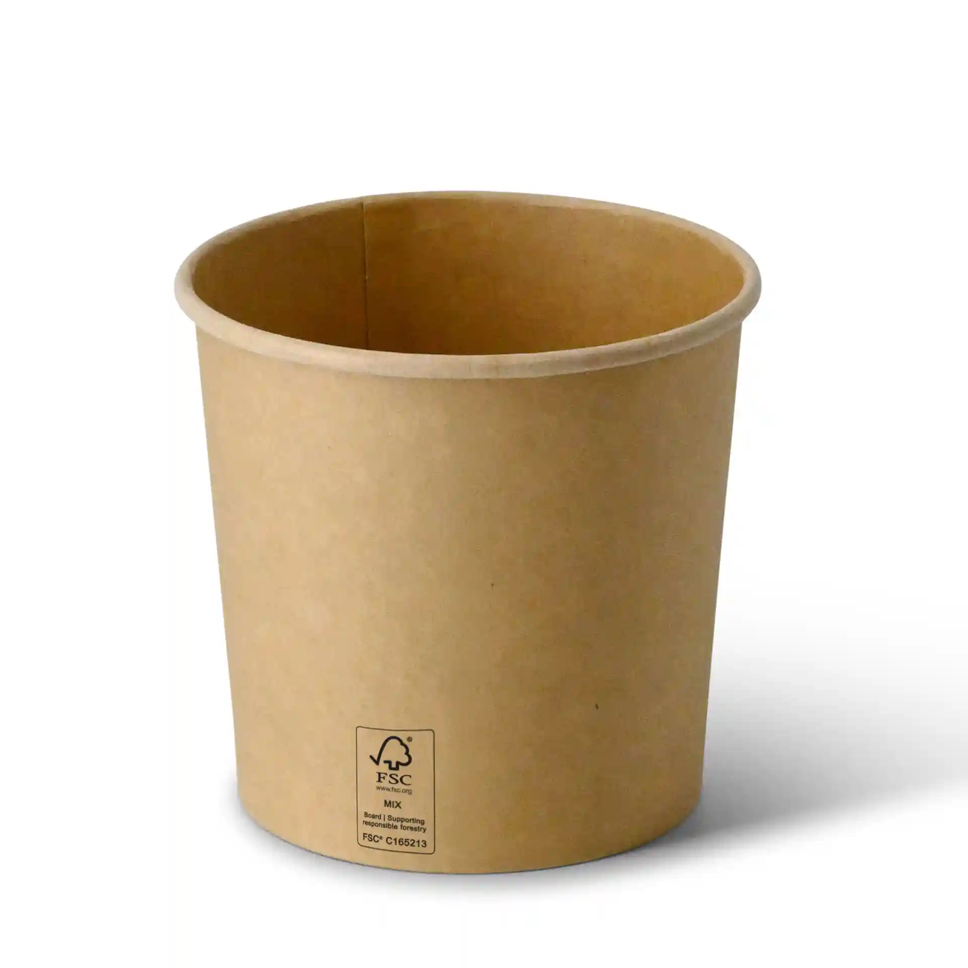 Conteneur à soupe à emporter en carton brun, forme ronde, capacité de 24 oz, avec un symbole de certification FSC visible.