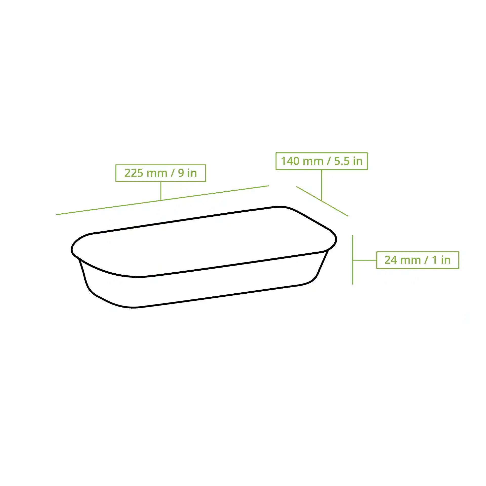 Dessin schématique d'une boîte à sushi rectangulaire avec les dimensions indiquées : 225 mm de longueur, 140 mm de largeur et 24 mm de hauteur.