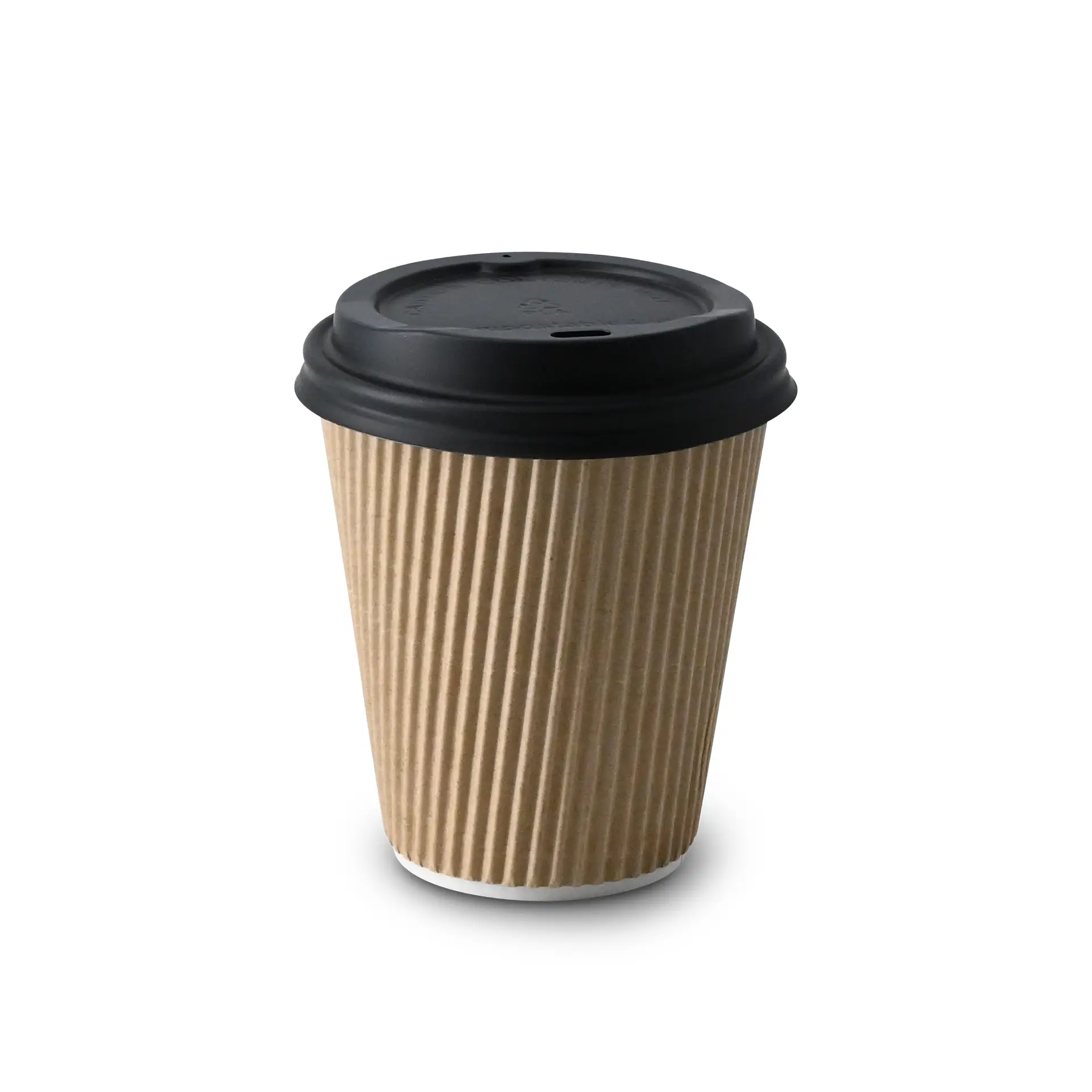 Une tasse à café ribbed de 10 oz avec un couvercle noir, un extérieur brun et un intérieur blanc; adaptée pour les boissons chaudes.