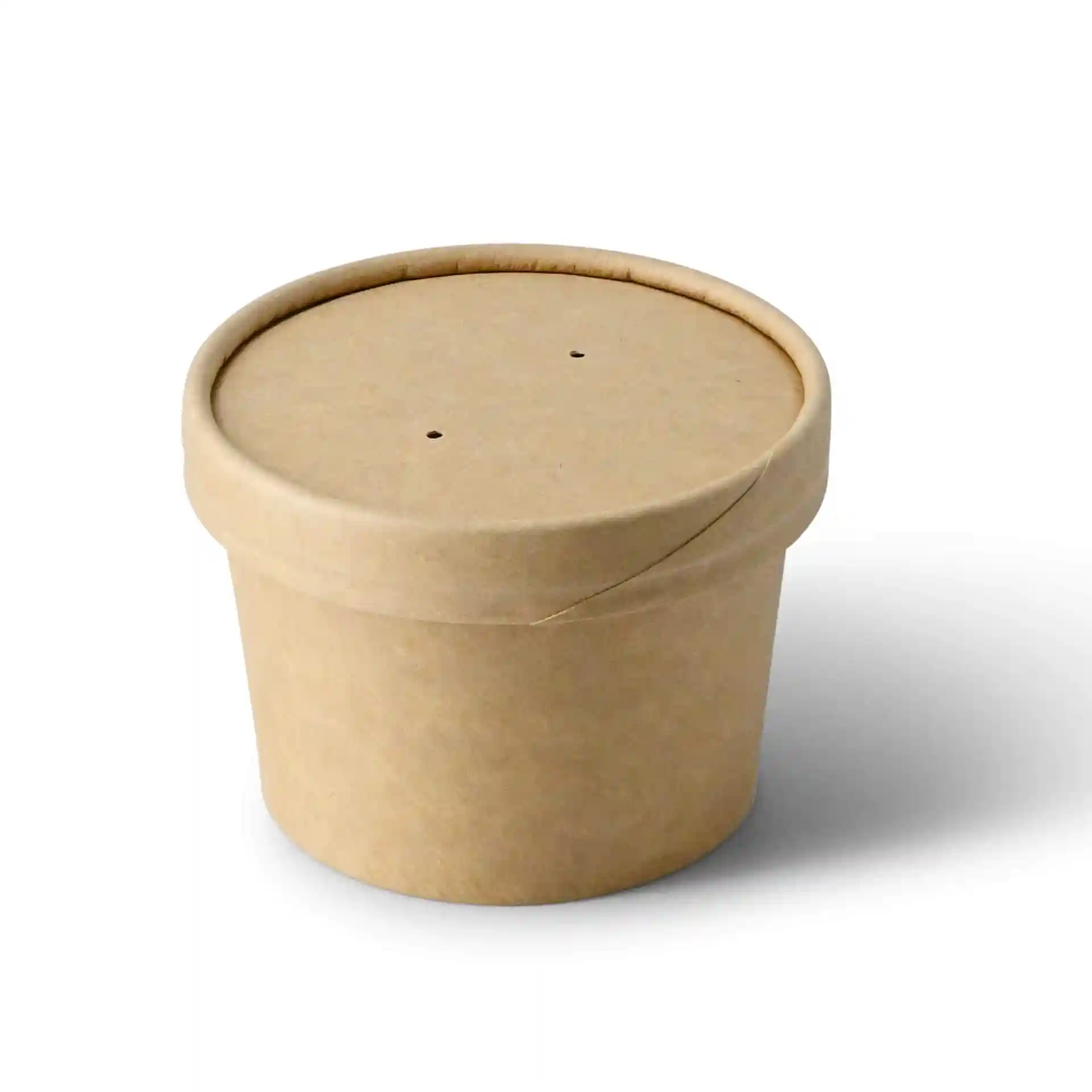 Conteneur rond en carton brun avec un couvercle, comportant deux petits trous sur le dessus.