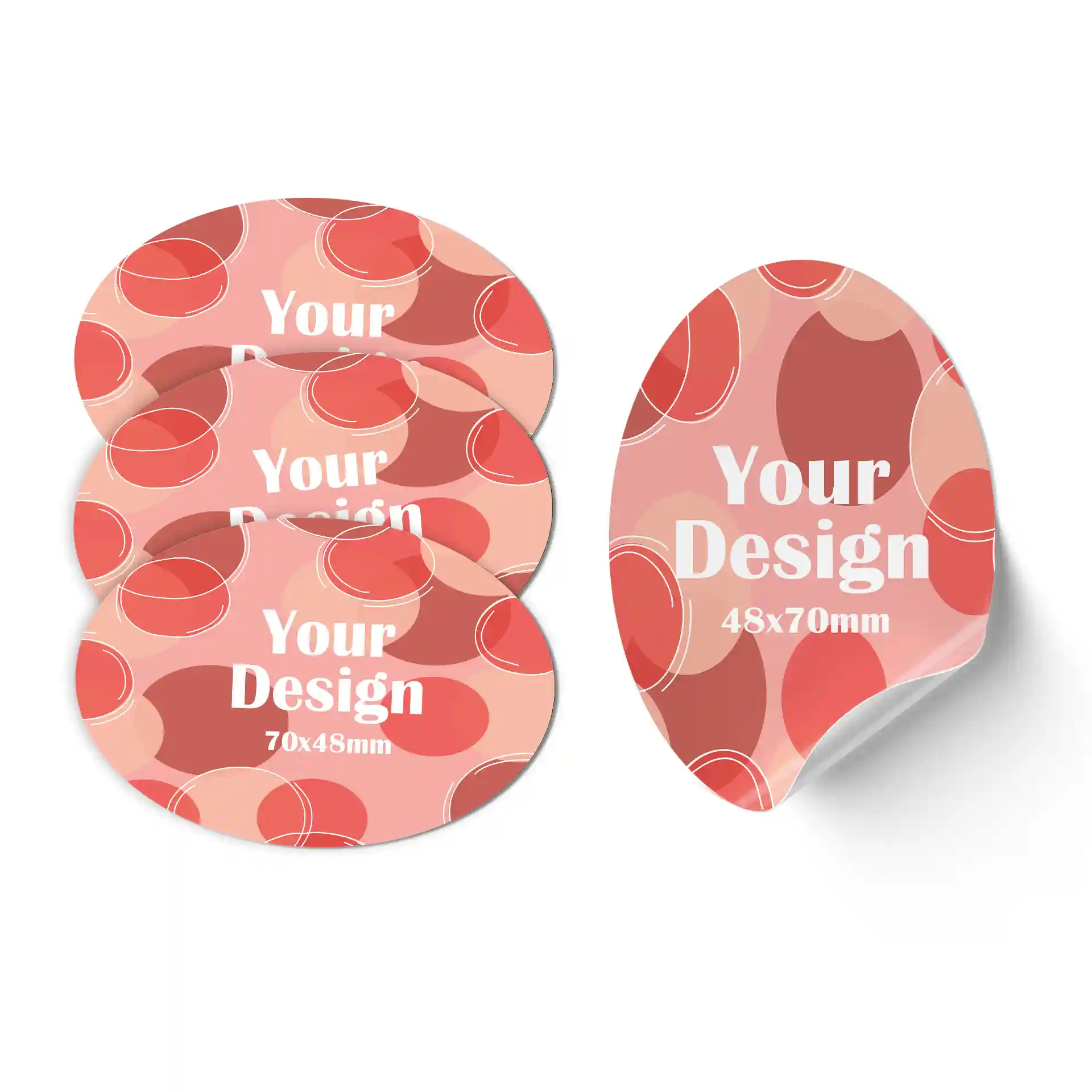 Étiquettes ovales imprimées sur fond blanc, avec des designs abstraits en nuances de rose et de rouge, dimensions 48x70 mm.