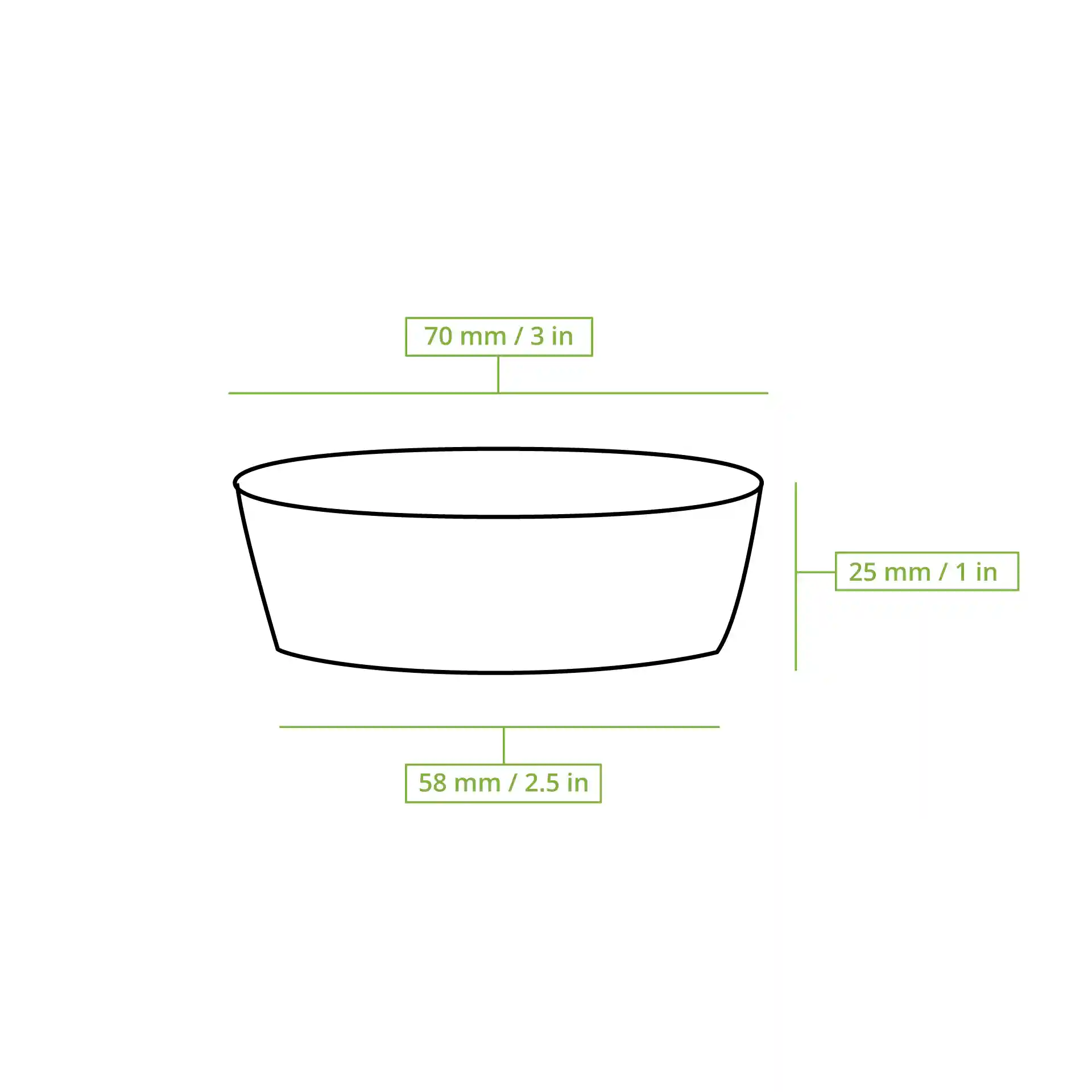 Dessin schématique d'un verre transparent avec dimensions : diamètre supérieur 70 mm, diamètre inférieur 58 mm, hauteur 25 mm.
