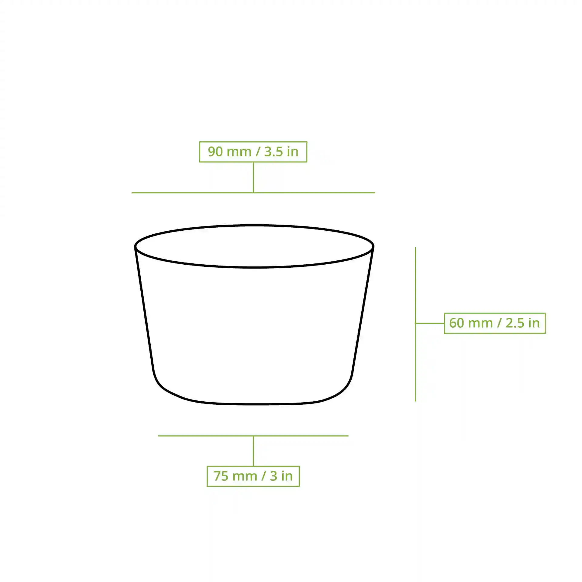 Dessin schématique d'un récipient rond pour soupe avec des dimensions : 90 mm de diamètre, 60 mm de hauteur et 75 mm de diamètre de fond.