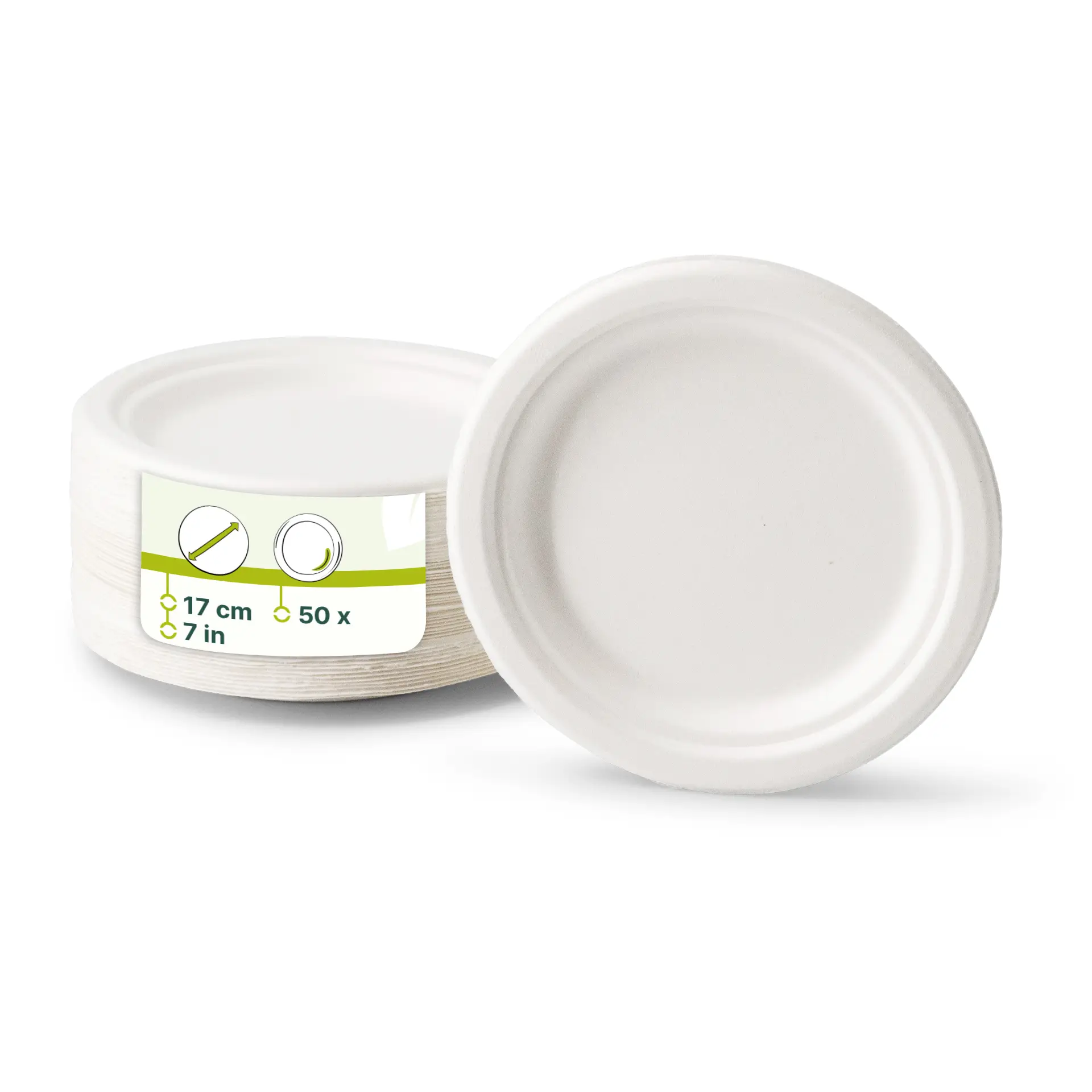 Assiettes en canne à sucre biodégradables rondes de 17 cm de diamètre, empilement de plusieurs visibles avec une étiquette.