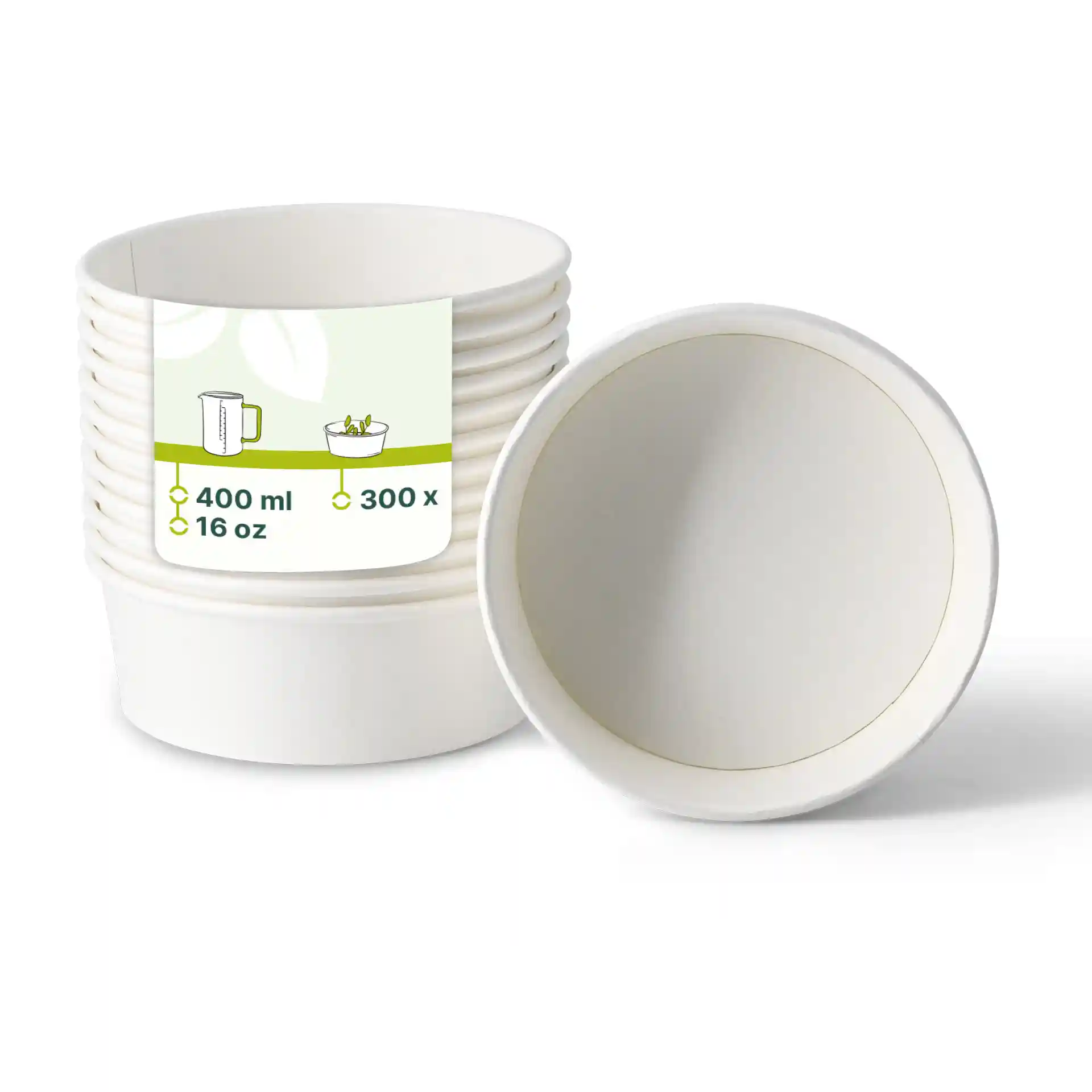 Empilement de bols en papier blancs avec une étiquette indiquant une capacité de 400 ml et 300 unités, sur un fond uni.