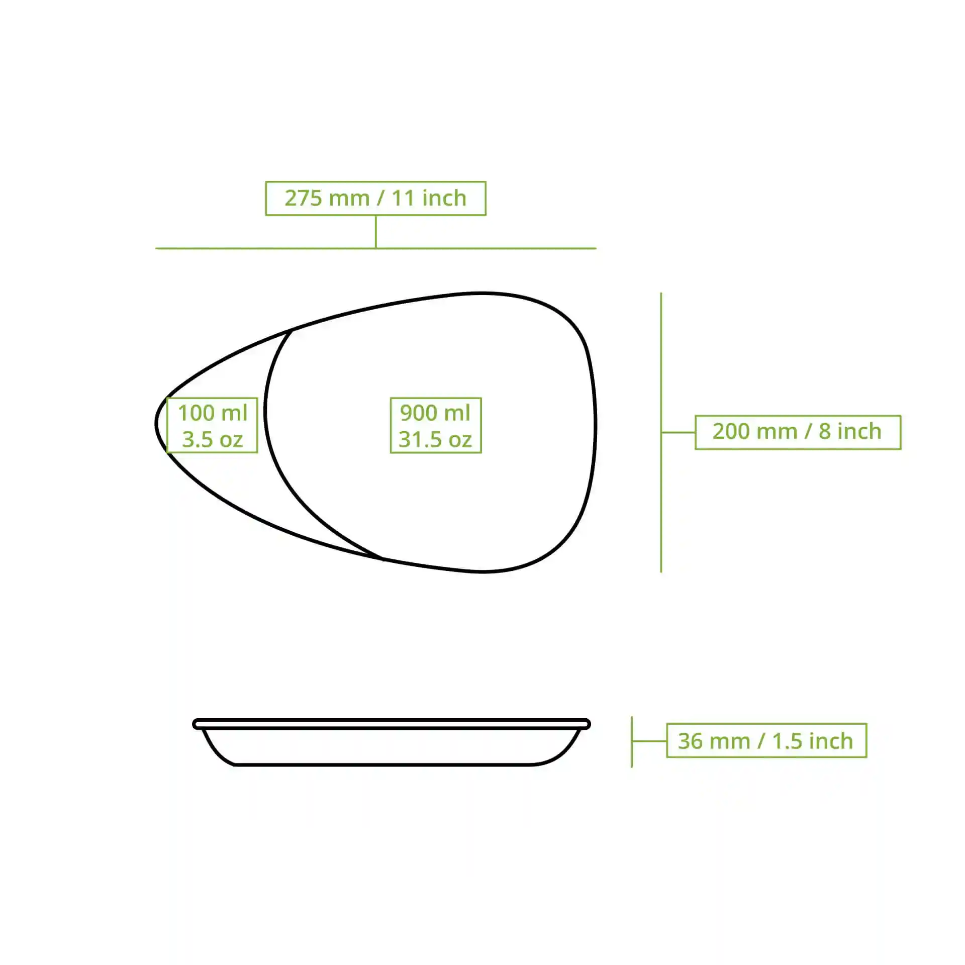 Dessin schématique d'une assiette divisée avec deux compartiments, dimensions de 275 mm par 200 mm et marquages de volume.