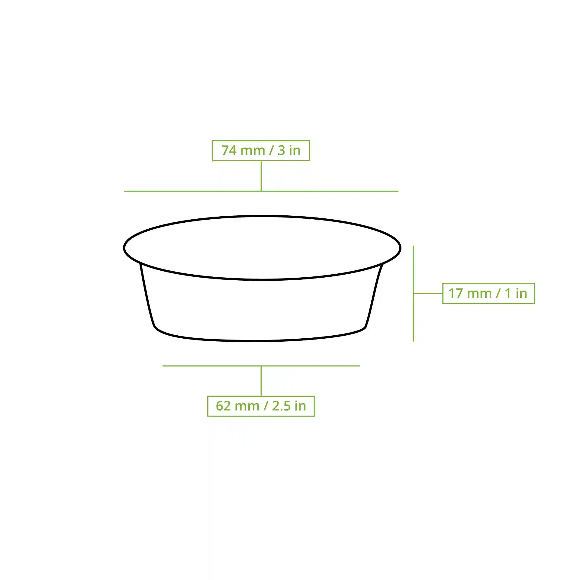 Dessin schématique d'une casserole ronde avec dimensions : 74 mm de diamètre supérieur, 62 mm de diamètre inférieur et 17 mm de hauteur.