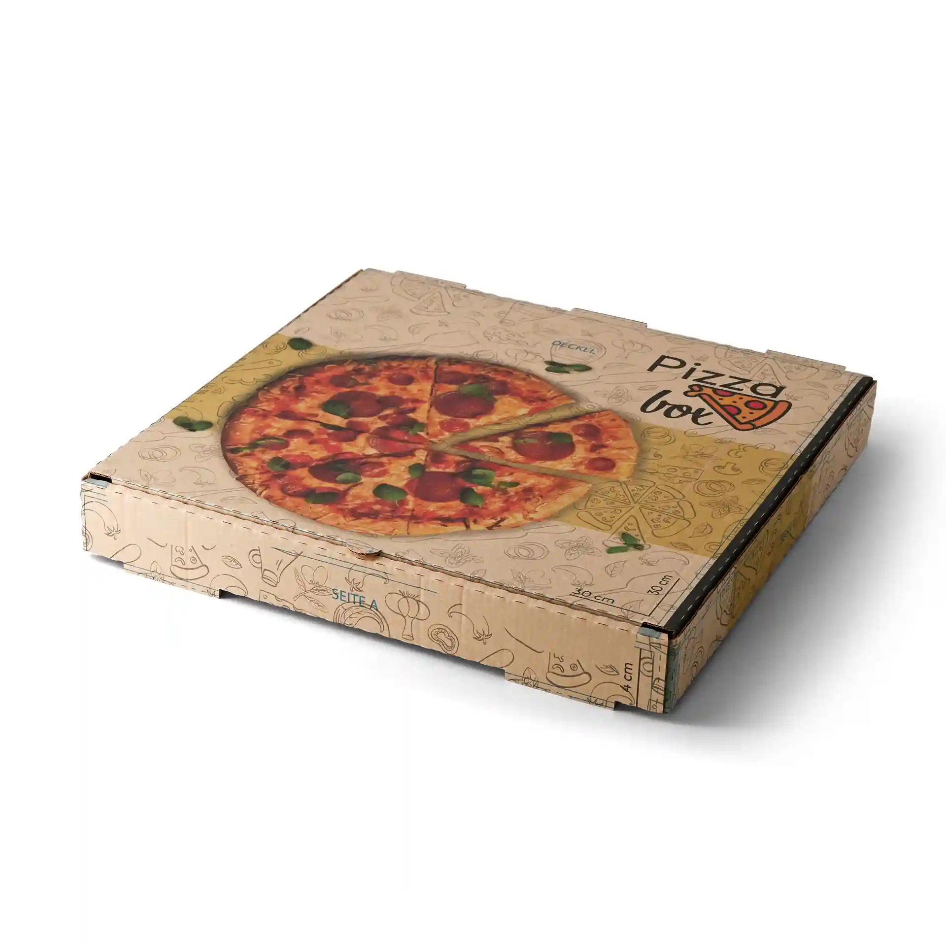 Boîte à pizza marron avec un graphique de pizza sur le dessus, mesurant 30 x 30 x 4 cm, avec des illustrations de nourriture variées.