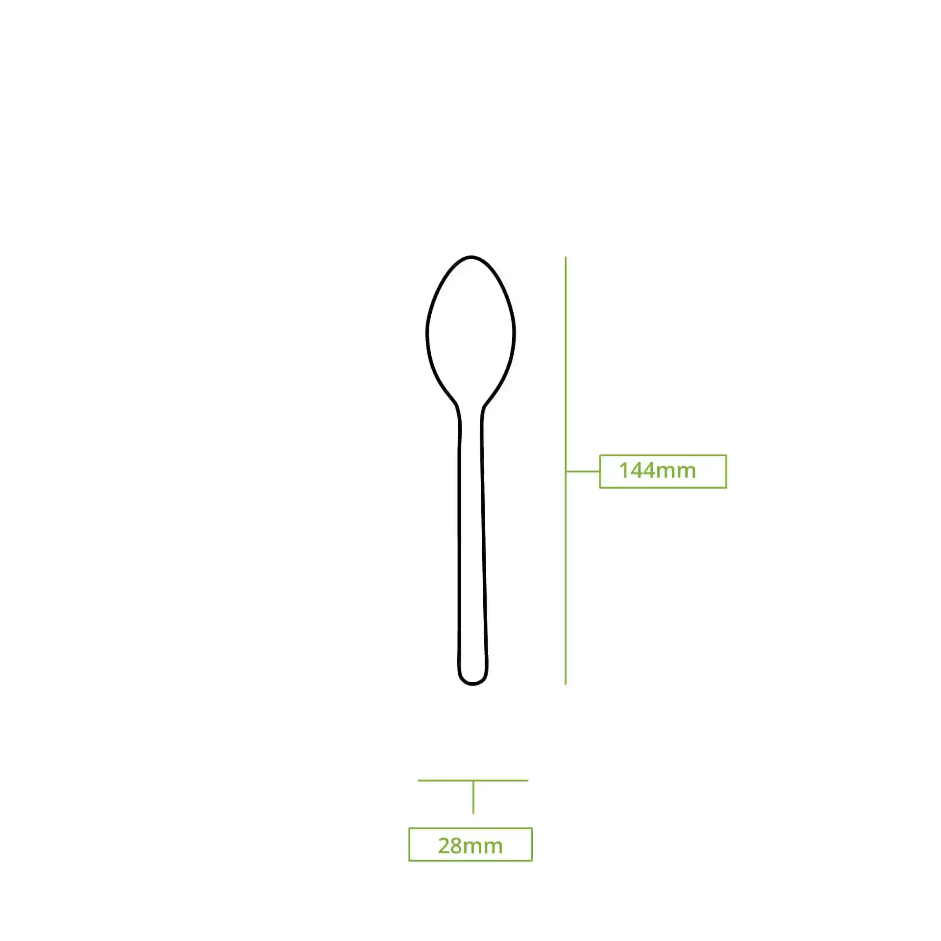 Dessin schématique d'une cuillère en bois mesurant 144 mm de long et 28 mm de large.