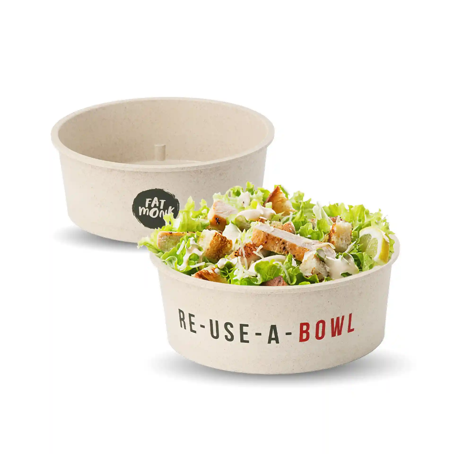 Bol rond réutilisable avec salade, couleur crème blanche, capacité de 650 ml, avec un logo et du texte imprimés sur le côté.