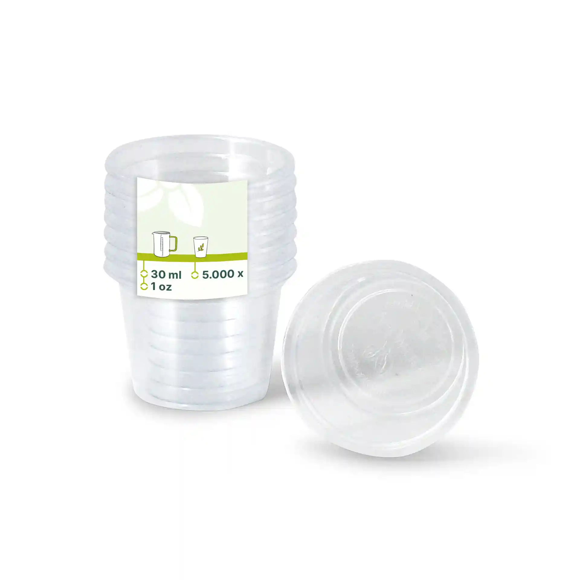 Gobelets en PLA transparents empilés, avec un gobelet sur le côté, montrant une étiquette avec des marquages.