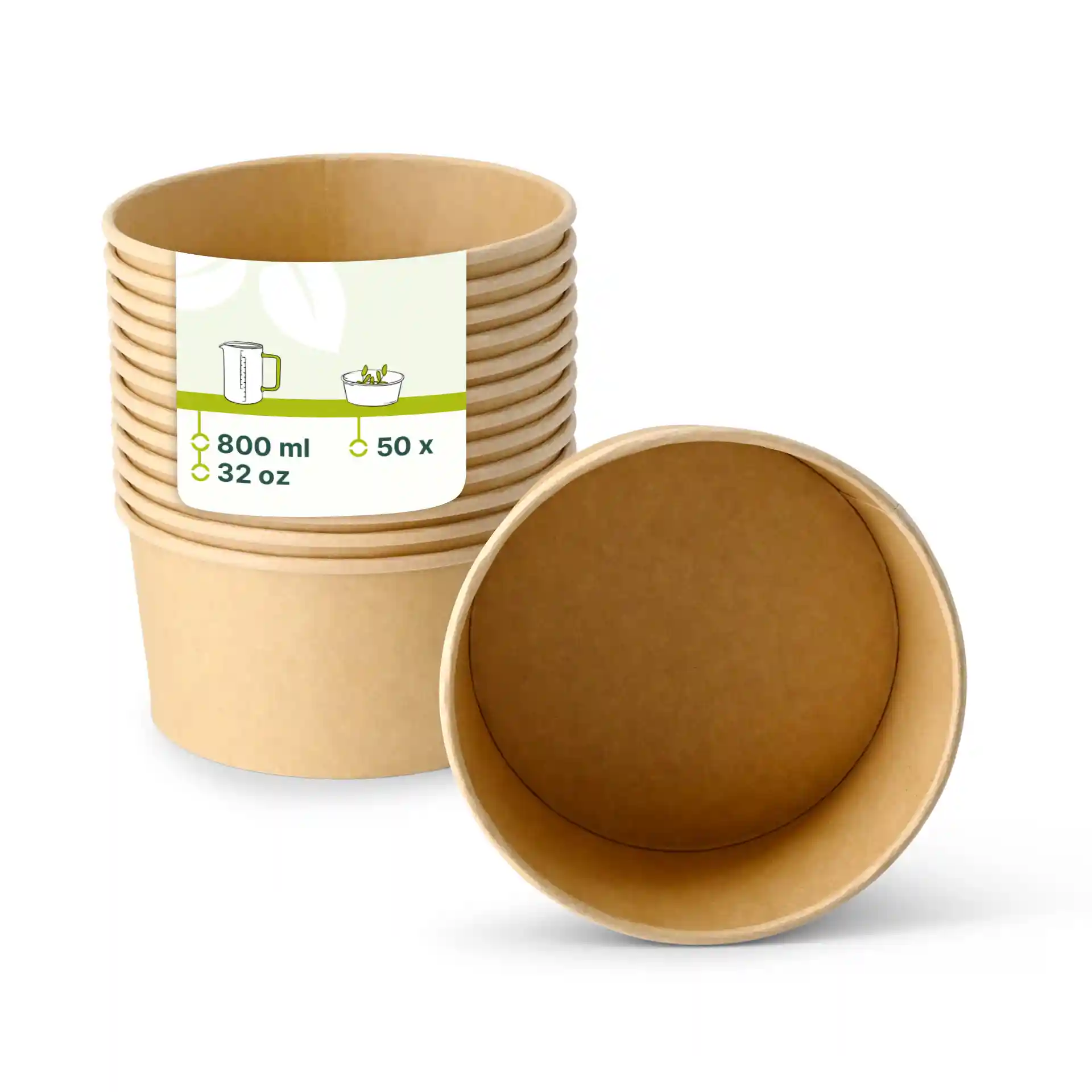 Bol en carton brun avec revêtement écologique, forme ronde, capacité de 800 ml, présenté avec plusieurs empilés et un debout.