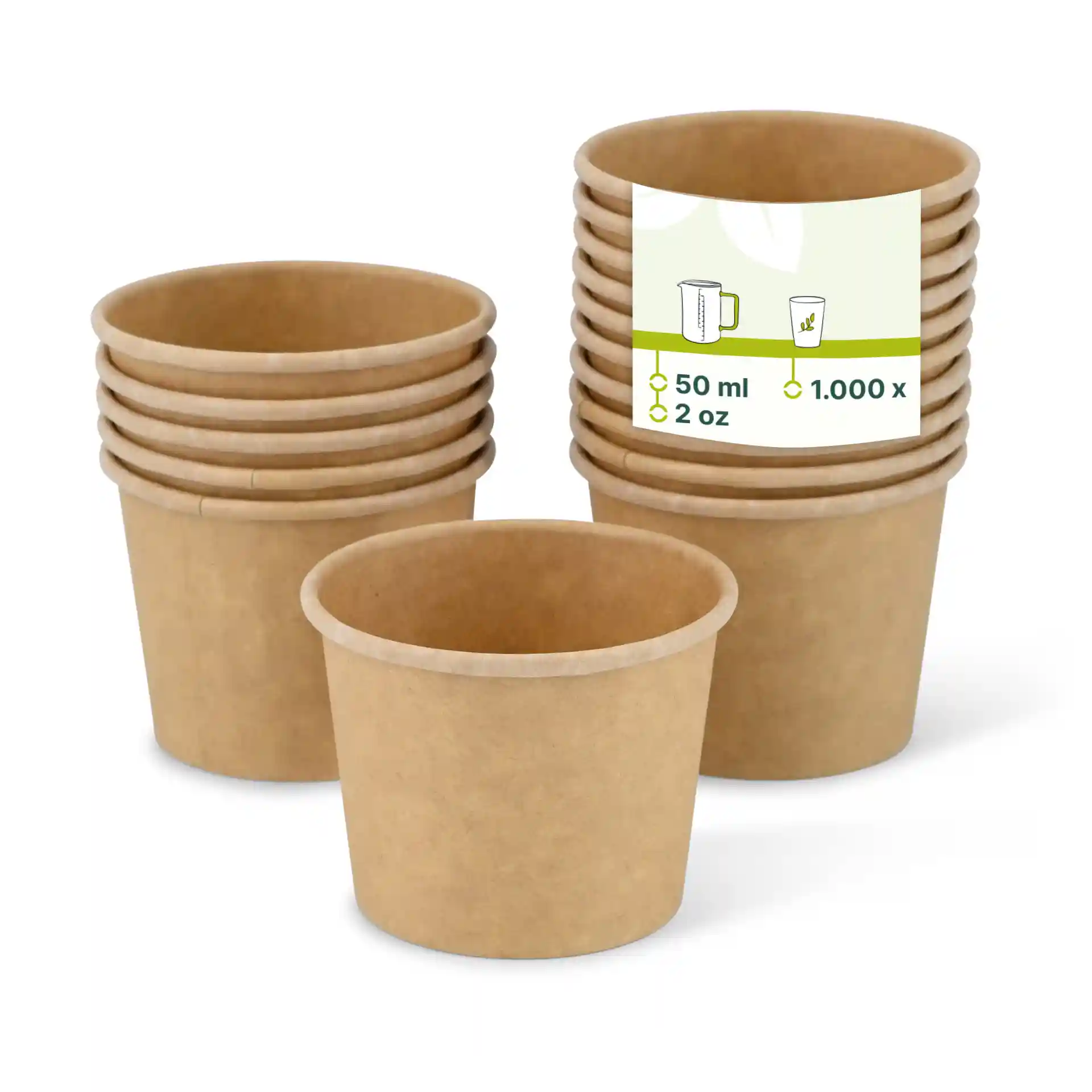 Contenants ronds en plastique marron empilés, avec un devant, montrant une étiquette avec des marques. Chaque contenant contient 50 ml.